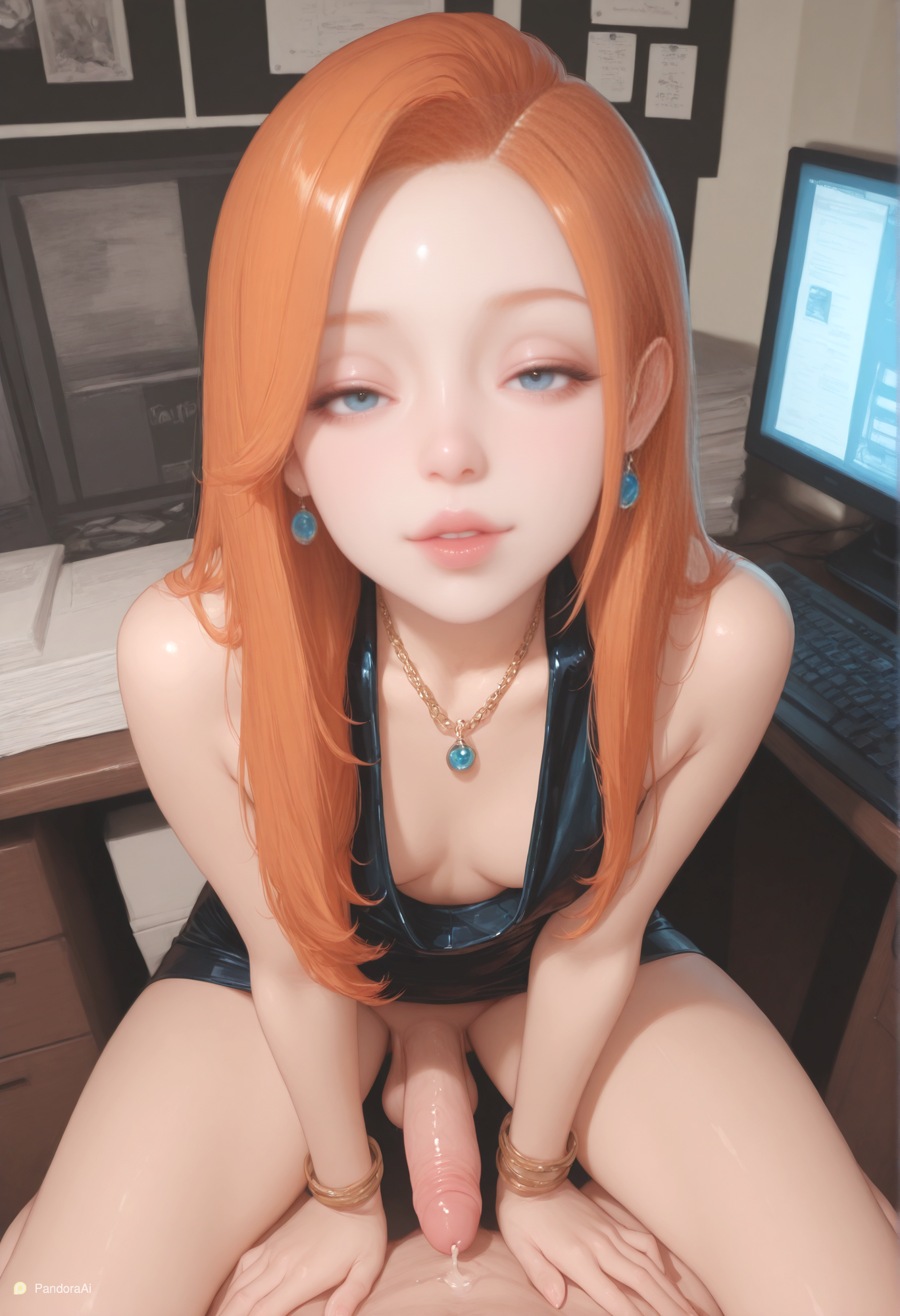 1femboy, 2boys, absurd res, ai generated, artist name, artist upload, balls, big balls, black dress, black latex, blue earrings, blue eyes, blue jewelry, blue necklace, bodily fluids, choker, circumcised, circumcised penis, clothing, computer, desk, earrings, erect, erect penis, eyebrows, eyelashes, femboy, feminine, feminine body, feminine faced male, feminine male, flashing, foreskin, genitals, ginger, gold chain, gold necklace, hi res, indoor, jewelry, latex, latex dress, leaking, leaking penis, long hair, looking at viewer, male, monitor, more at source, necklace, no panties, office, oiled skin, orange hair, pale, pale body, pale skin, pandora, patreon, patreon username, penis, penis focus, pov, presenting, seductive, seductive eyes, seductive look, seductive mouth, seductive pose, seductive smile, self upload, sexy body, sexy pose, shiny, shiny clothes, shiny skin, sitting, smooth balls, smooth skin, testicles, uncensored, uncircumcised, uncircumcised penis, uncut, watermark
