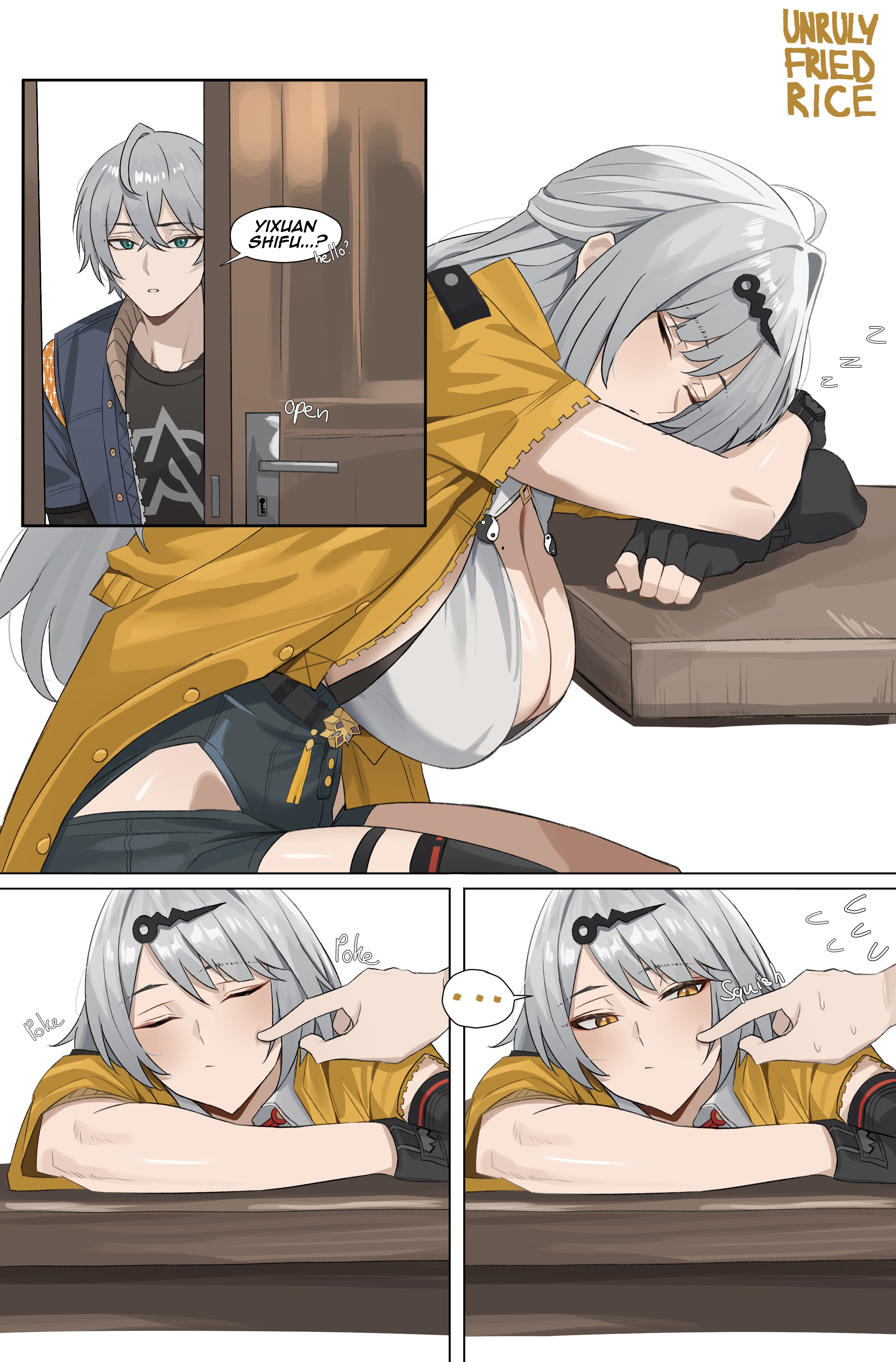 1boy, 1girls, big breasts, busty, clothed female nude male, grey hair, hoyoverse, huge breasts, large breasts, light skin, light-skinned female, light-skinned male, mihoyo, milf, revealing clothes, silver hair, tagme, unrulyfriedrice, white hair, wholesome, wise (zenless zone zero), yixuan (zenless zone zero), zenless zone zero