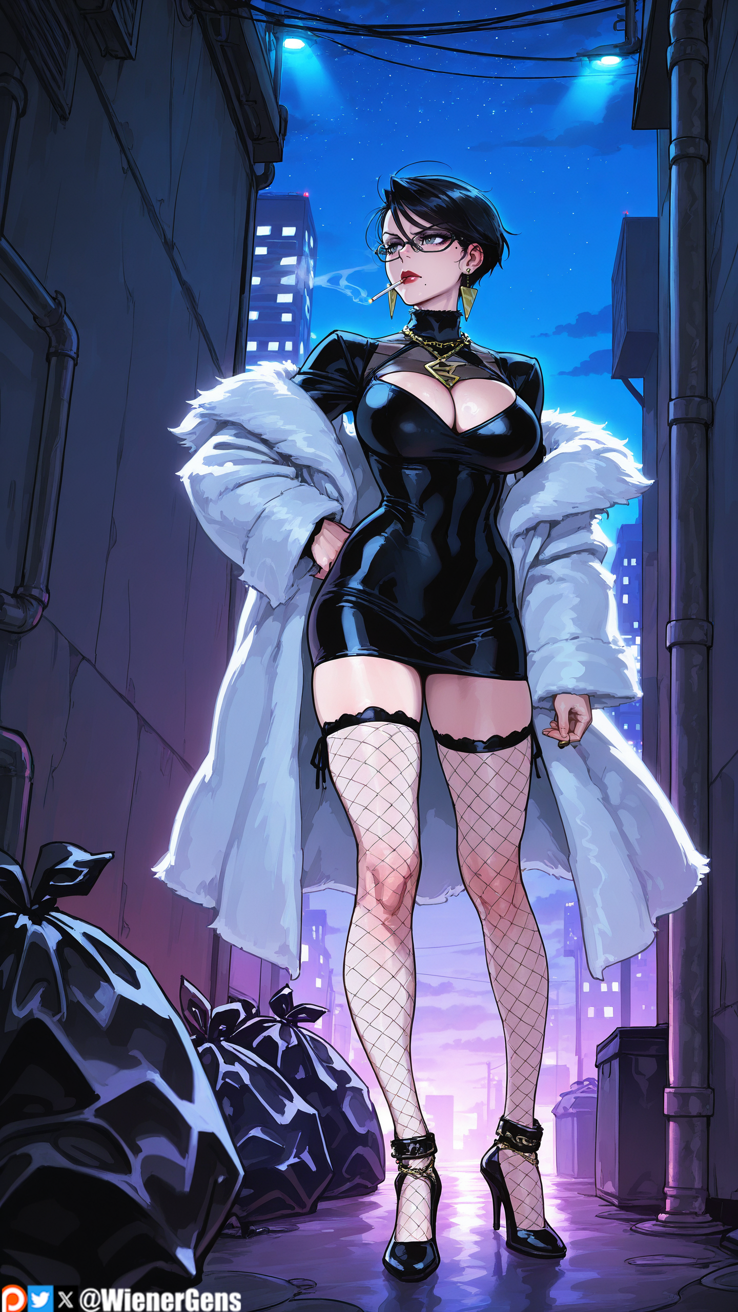 ai generated, alley, bayonetta, bayonetta (character), black dress, black footwear, black hair, breasts, building, cigarette, city, cleavage, cleavage cutout, clothing cutout, coat, dress, earrings, female, female only, fishnet thighhighs, fishnets, full body, fur coat, glasses, hand on own hip, high heels, jewelry, large breasts, makeup, mole, mole under mouth, necklace, night, night sky, open coat, outdoors, patreon logo, patreon username, short dress, short hair, sky, smoke, smoking, solo, standing, star (sky), starry sky, stiletto heels, thighhighs, thighs, tight dress, trash bag, wienergens, zettai ryouiki
