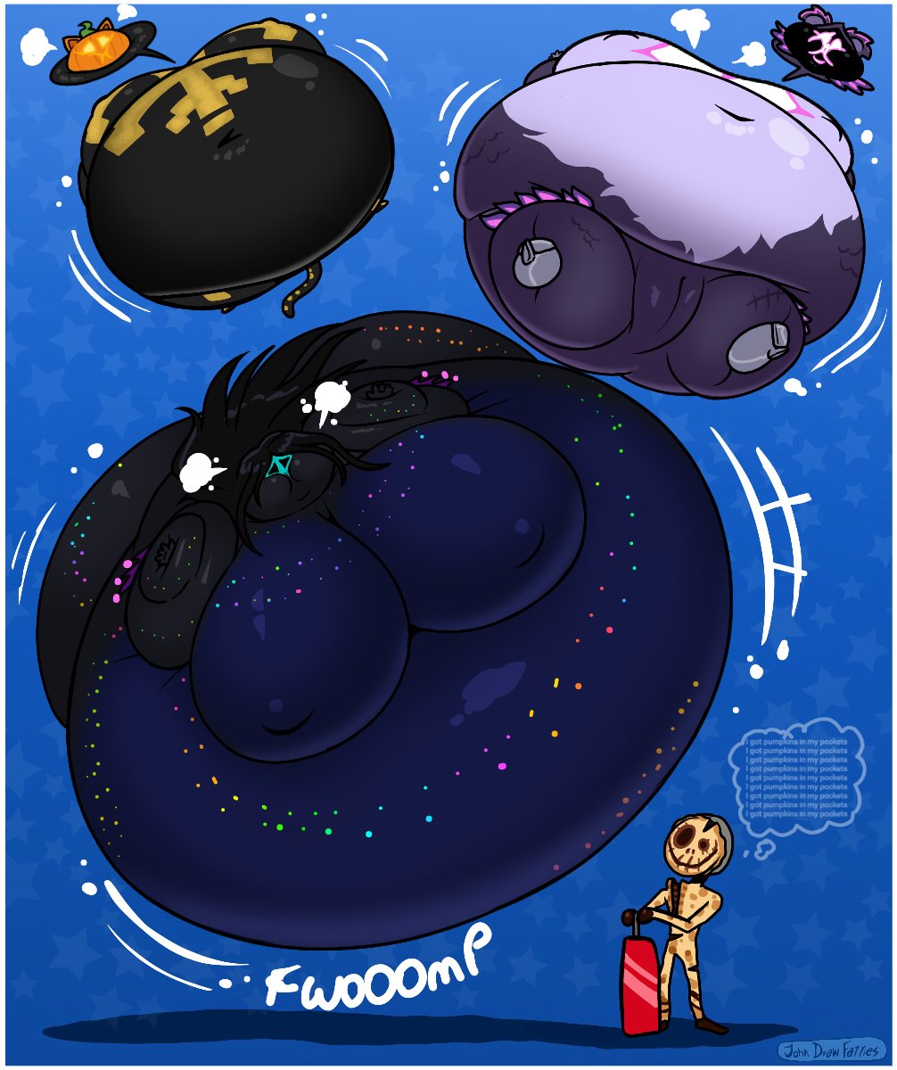 3girls, air inflation, black hair, dark purple skin, epic games, floating, fortnite, fortnite: battle royale, glowing dots, immobile, inflation, johndraw54, johndrawfatties, mariana (fortnite), onomatopoeia, puffed cheeks, pumpkin head, purple body, purple skin, raven team leader, simple background, skeleton costume, spherical inflation, spice (fortnite), sunken limbs, text