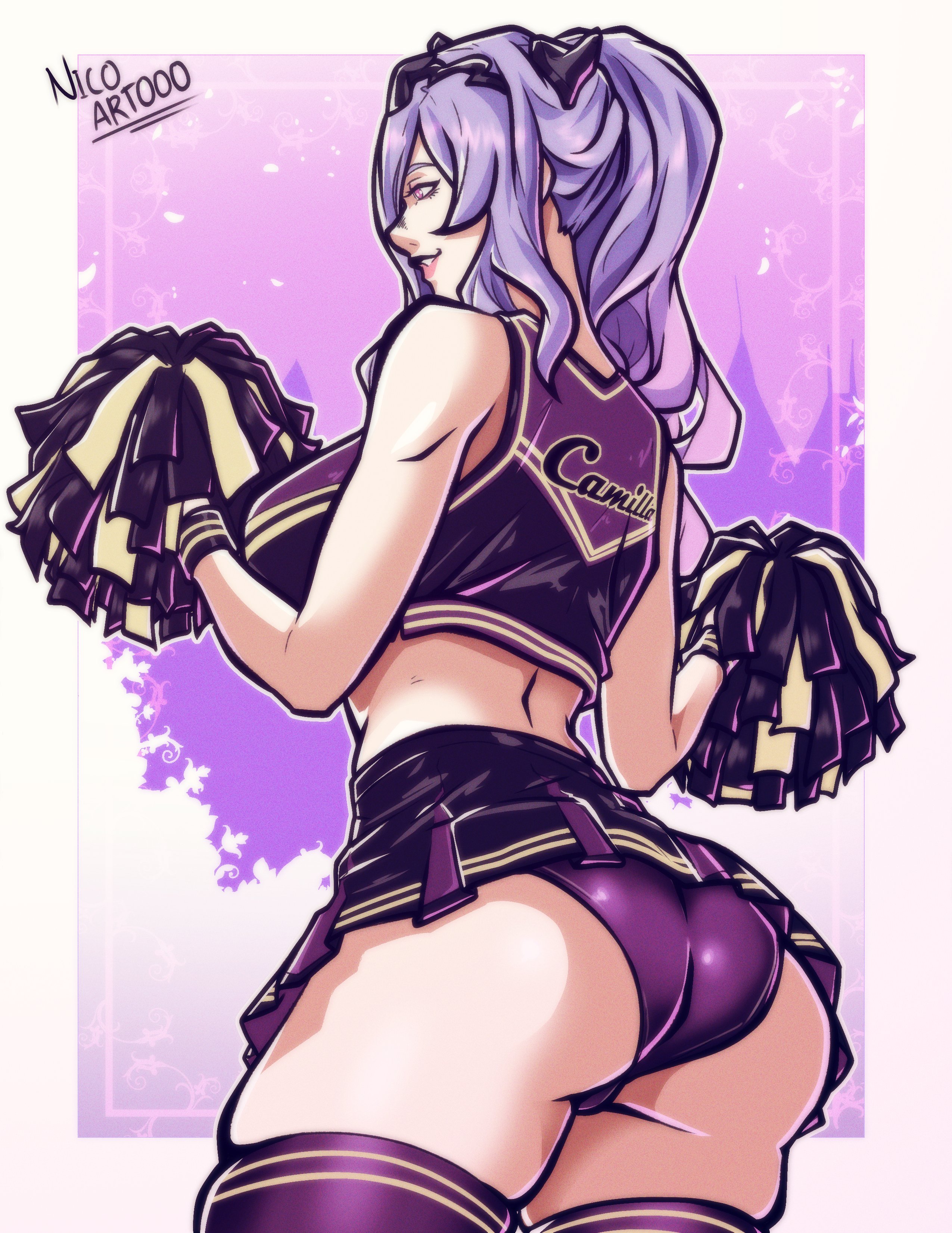 1girls, ass, big ass, big breasts, bottomwear, breasts, camilla (fire emblem), cheerleader, cheerleader outfit, cheerleader uniform, female, female only, fire emblem, fire emblem fates, hair, holding object, legwear, lips, mature, mature female, mature woman, miniskirt, nico artooo, nintendo, panties, pantyshot, pom poms, purple eyes, purple hair, purple panties, purple skirt, purple thighhighs, revealing clothes, short skirt, skirt, solo, solo female, thighhighs, thighs, topwear, twintails