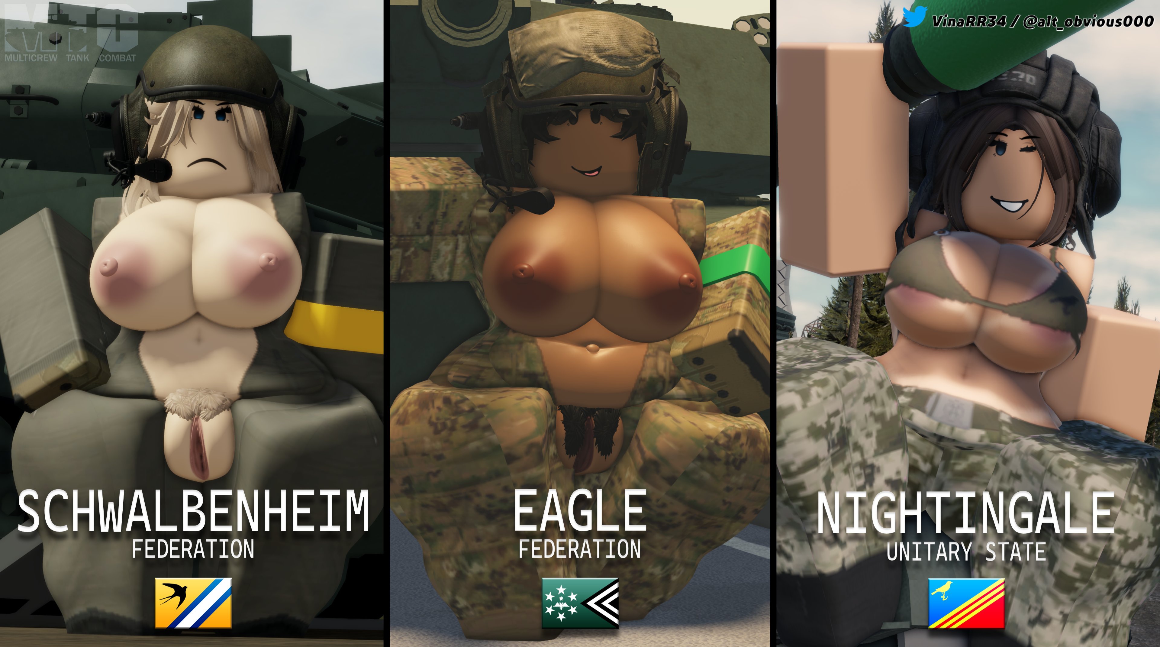 3d, 3girls, areola slip, areolae, belly button, big breasts, bra, breasts, breasts out, clothing, female, female only, jumpsuit, mtc, multicrew tank combat, nipples, open clothes, pubic hair, pussy, pussy out, roblox, roblox game, robloxian, stomach, tagme, vinarr34