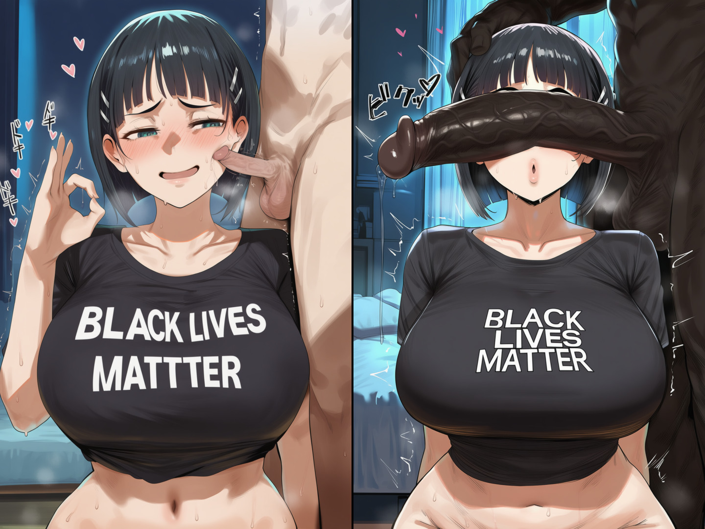 1girls, 2boys, 2koma, ai generated, big breasts, big cock, big penis, black lives matter, black shirt, breasts, cant see the haters, cock shock, comparison, cuckold, dark skin, dark-skinned male, female, generic dark-skinned-muscular male, hearts around head, huge cock, iceflower-art, interracial, kirigaya suguha, koikatsufans, large breasts, light skin, light-skinned female, light-skinned male, male, netorare, ntr, penis, penis comparison, penis on cheek, penis on face, penis over eyes, penis size comparison, penis size difference, pinching gesture, shirt, short hair, small penis, small penis gesture, small penis humiliation, sword art online
