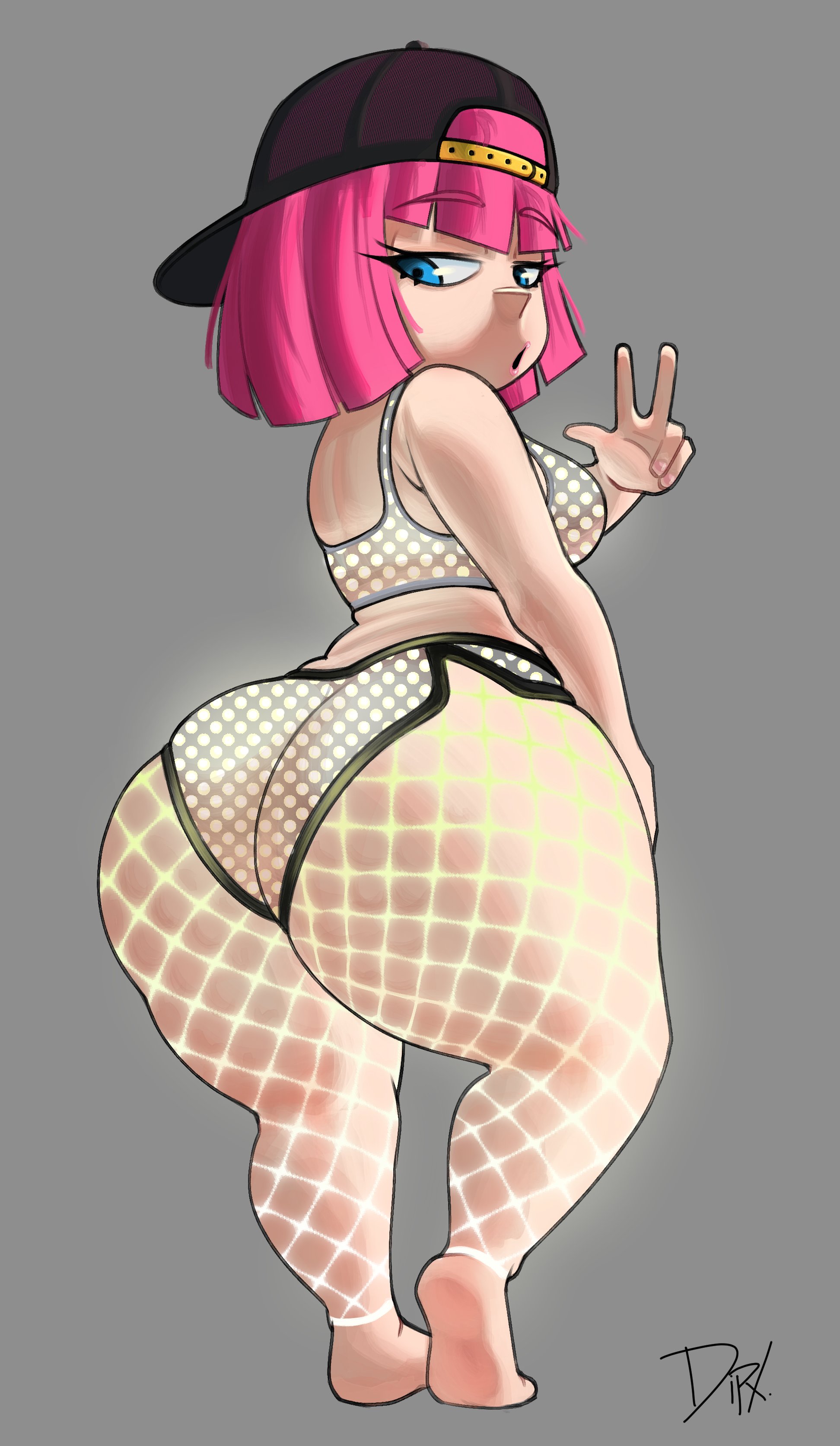 1girls, 2d, 2d (artwork), archer (clash of clans), ass, ass focus, backwards baseball cap, backwards cap, backwards hat, bad bitch, barefoot, big ass, big breasts, blue eyes, cap, clash (series), clash royale, crop top, dipx, feet, female, female focus, female only, fishnets, glowing clothes, glowing fishnets, hat, hot, huge ass, looking back, no shoes, open mouth, peace sign, pink hair, sexy, shortstack, soles, supercell, thick eyelashes, thick thighs