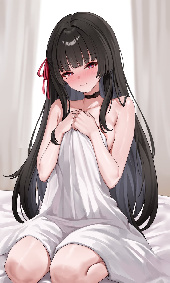 1girls, bed, bedsheets, black hair, blanket, blush, chisa (wuthering waves), covered by blanket, female, long hair, lunacle, red eyes, wuthering waves