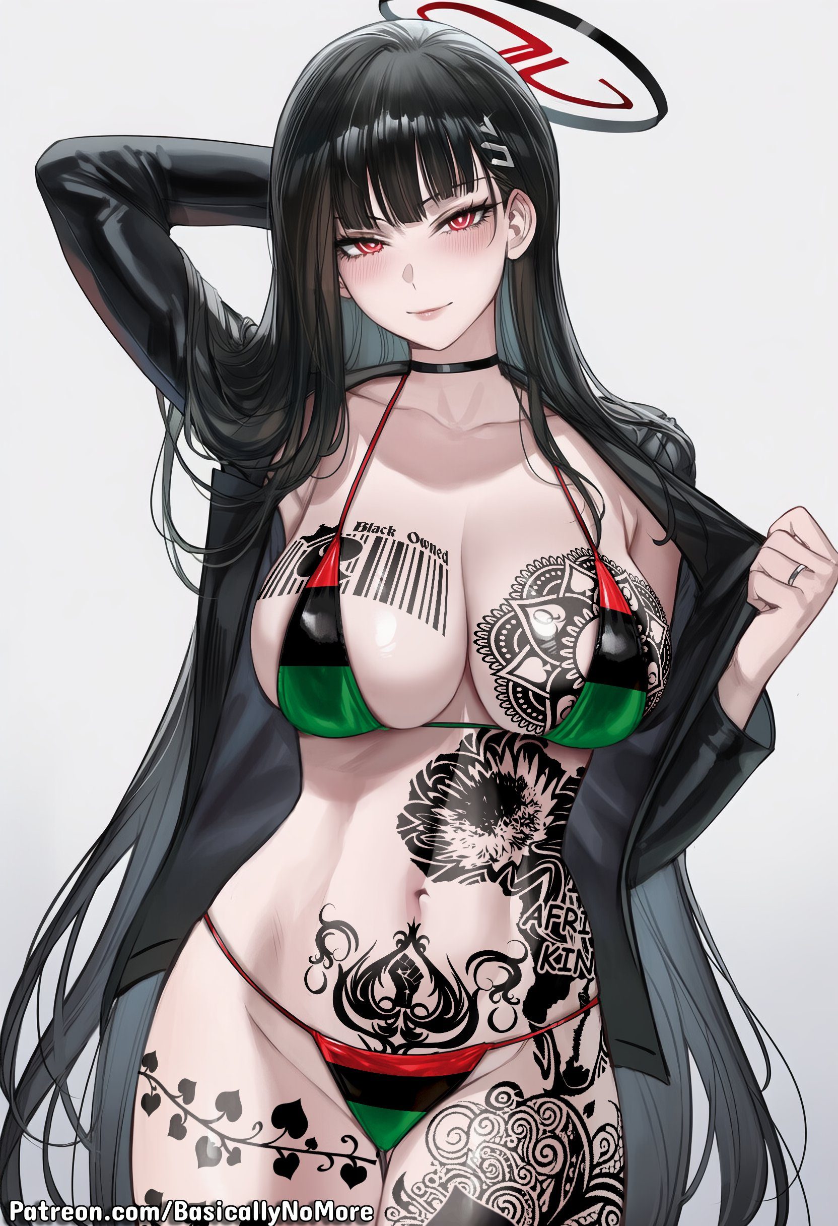 ai generated, basicallynomore, blacked, blue archive, female, looking at viewer, pan african colors, pan-african flag bikini, pubic tattoo, qos, qos tattoo, queen of spades, queen of spades symbol, queen of spades tattoo, tattoo, tattoos, tsukatsuki rio
