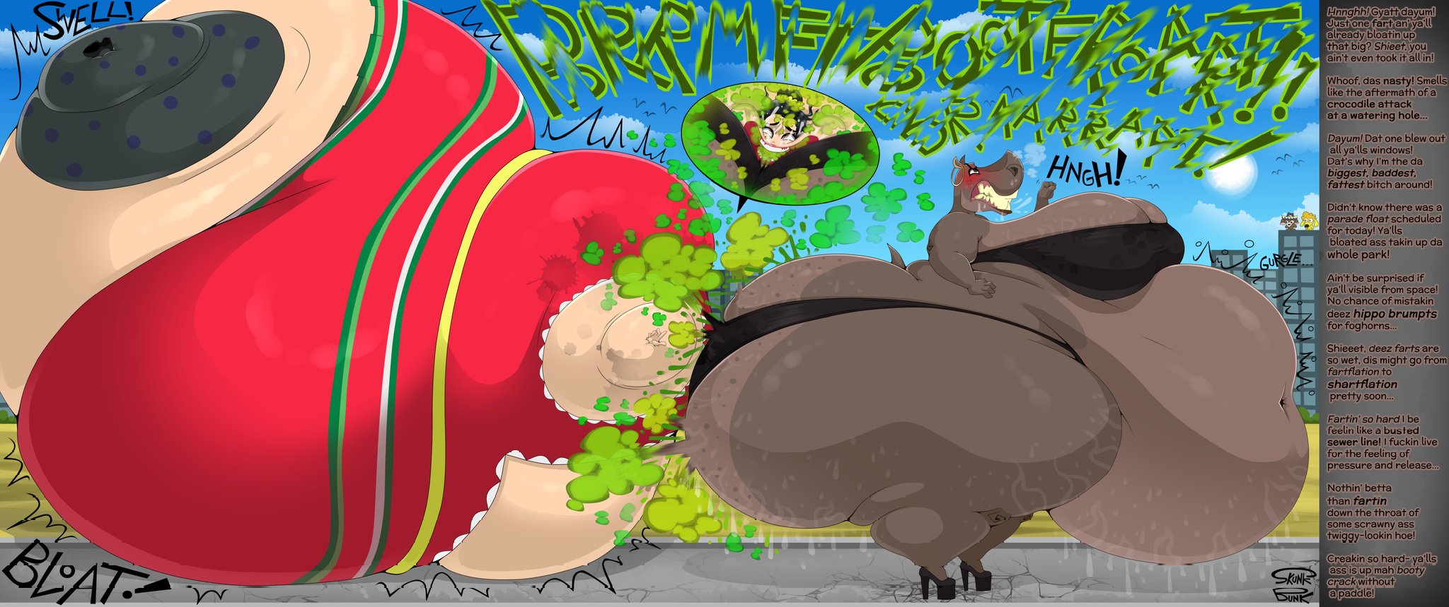 2020s, 2025, 2girls, alternate ass size, alternate ass size (larger), alternate body type, alternate breast size, alternate breast size (larger), alternate butt size, anthro, ass, belly, big arms, big ass, big belly, big breasts, big butt, black hair, blush, breasts, bubble butt, city, cityscape, cleavage, colossal ass, colossal butt, common hippopotamus, cracked ground, digital drawing (artwork), digital media (artwork), dreamworks, ear piercing, ear ring, earrings, ebonics, enormous ass, fart, fart cloud, fart fetish, fart inflation, fart torture, farting, farting in face, fat, fat arms, fat ass, fat butt, fat female, female, female only, fetish, gassy, gassy female, ghetto, giant ass, giant butt, giant female, giantess, gigantic ass, gigantic butt, gigantic thighs, gloria the hippopotamus, green fart, green fart cloud, green gas, green gas cloud, heavy, heavy ass, heavy bottom, high heels, highres, hippopotamid, hippopotamus, hoop earrings oversized, horny female, huge ass, huge belly, huge breasts, human, hyper ass, hyper belly, hyper breasts, hyper butt, hyper fart, hyper farting, inflation, inflation fetish, jpeg, large ass, large belly, layla (jimmito v), looking back, looking down, madagascar (series), massive ass, morbidly obese, morbidly obese anthro, morbidly obese female, musk, musky, musky ass, musky butt, obese, oc, open mouth, original character, oversized hoop earrings, part 2, part of a set, plump, plump ass, plump butt, plump thighs, skunk bunk, sky, sunlight, sunny, sweaty, sweaty ass, sweaty butt, text, text box, thick thighs, twitter link, wagging finger, watermark, wet fart, wide hips