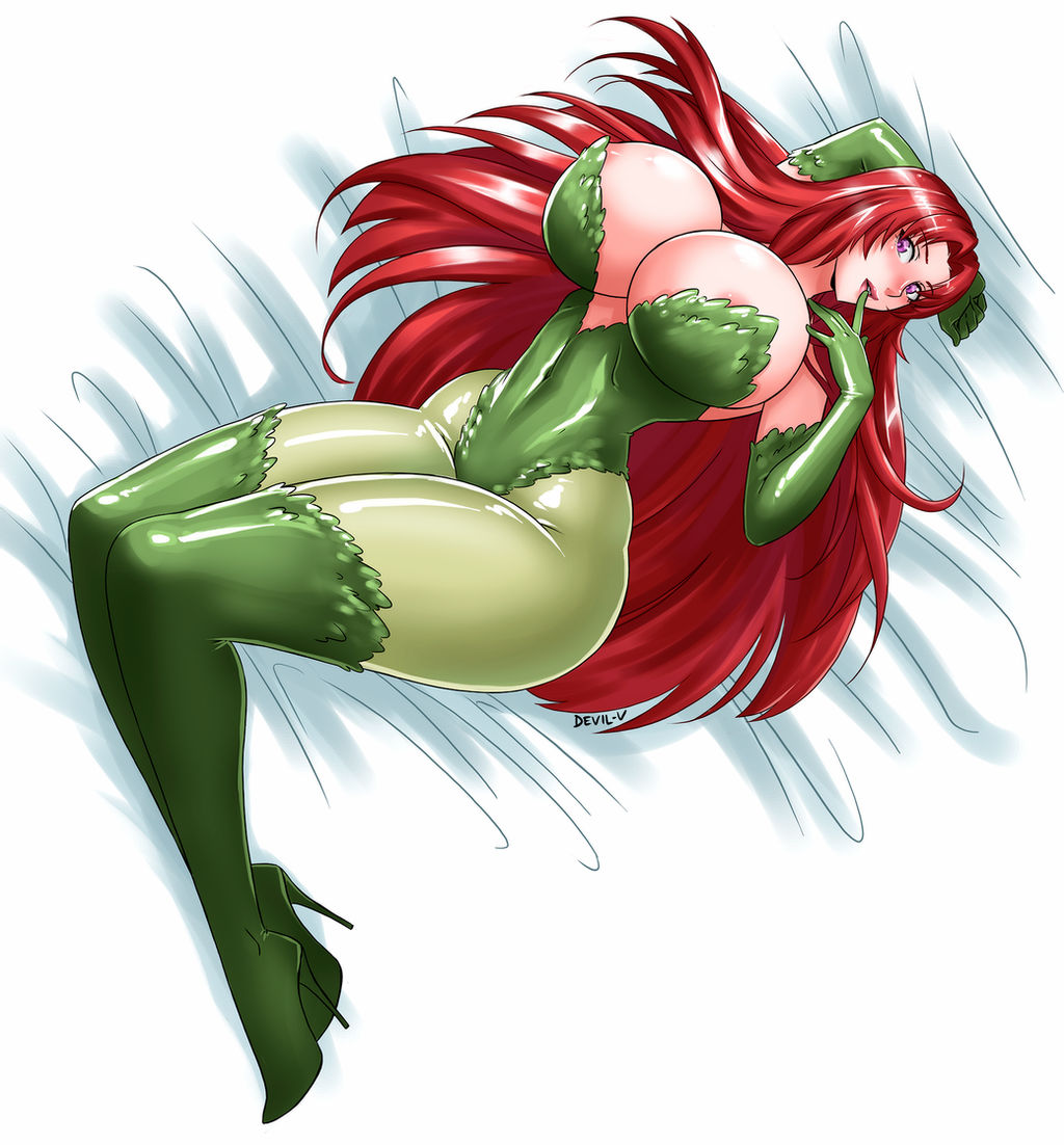 areola slip, batman (series), big breasts, boots, breasts, bursting breasts, commission, dc, dc comics, devil-v, elbow gloves, female, heeled boots, high heel boots, hourglass figure, huge breasts, laying on bed, long hair, pinup, poison ivy, poison ivy (cosplay), purple eyes, red hair, source request, tagme, thick thighs, thighhighs
