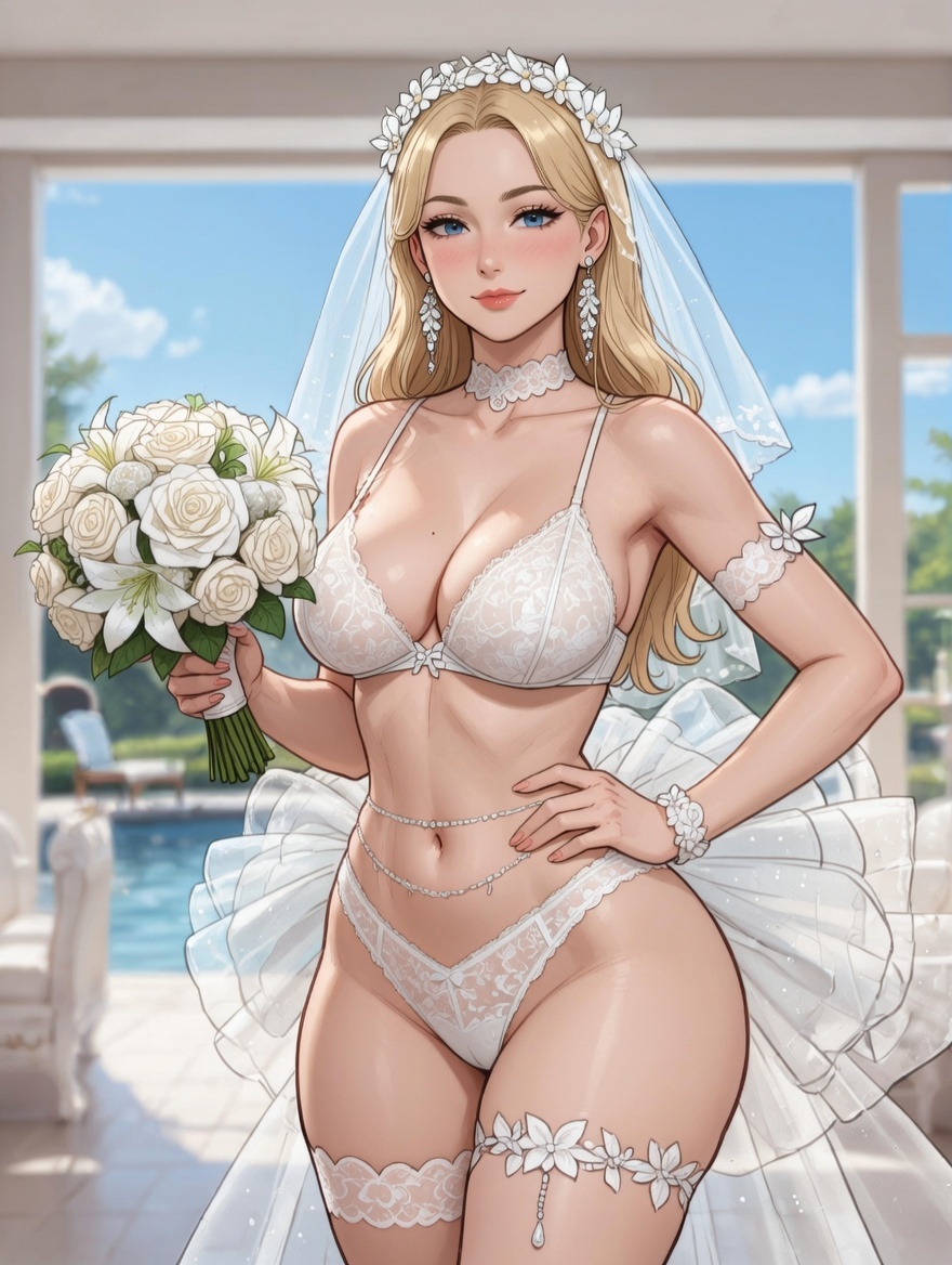1girls, ai generated, armband, belly chain, blonde female, blonde hair, blue eyes, blurred background, blurry background, blush, bouquet, bridal garter, bridal lingerie, bridal veil, bride, bustle, cel shading, choker, elegant, fancy earrings, female, female only, flower accessory, flower crown, flower earrings, flower ornament, garter, grok, hand on hip, holding bouquet, hourglass figure, lace, lace choker, lace trim, long ears, long hair, loose hair, lounge chair, medium breasts, one hand on hip, outdoor background, poolside, rgomez007, see-through clothing, solo female, stable diffusion, thick thighs, wedding garter, wedding lingerie, wedding veil, wide hips, wrist scrunchie