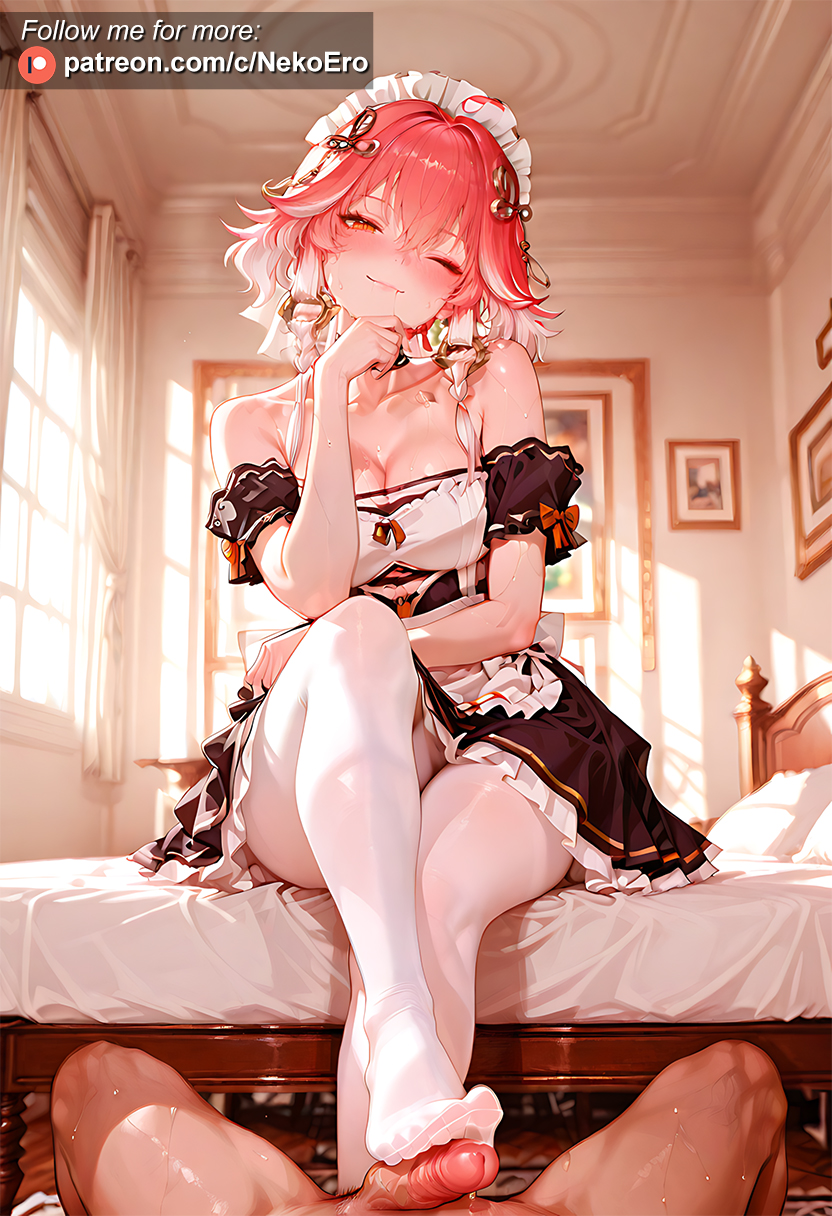 ai generated, blush, busty, changli (wuthering waves), footjob, maid, maid headdress, maid uniform, naughty face, pantyhose, penis, seductive, thighs, wuthering waves