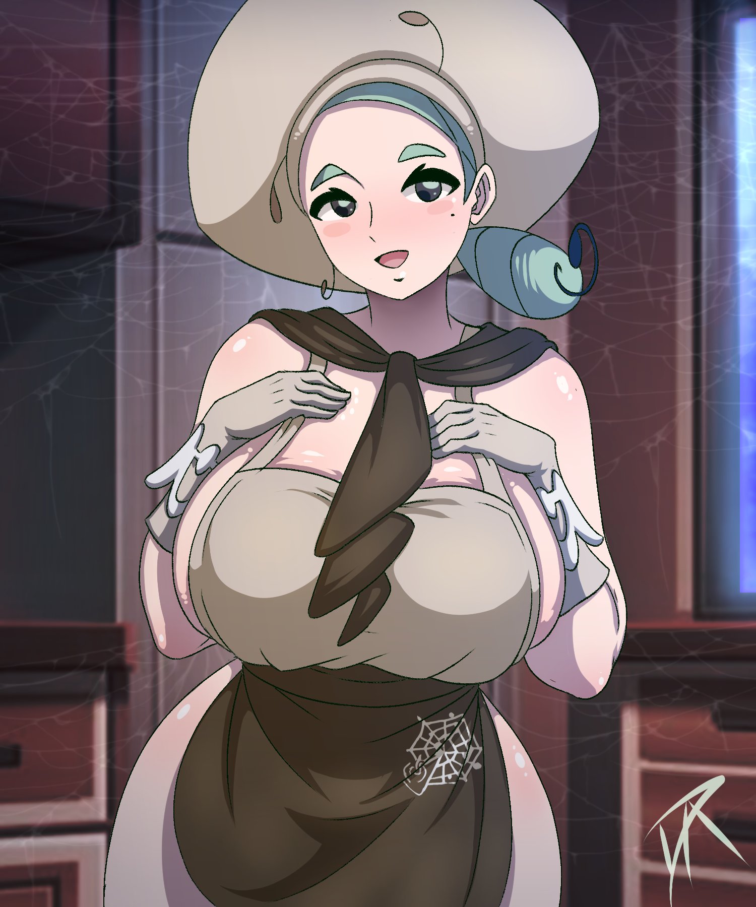 1girls, apron, apron only, big breasts, breasts, cleavage, dalley le alpha, female, female only, game freak, gloves, green eyes, hair, handwear, hat, headwear, huge breasts, katy (pokemon), mature, mature female, mature woman, mole, mole under eye, naked apron, nintendo, pokemon, pokemon sv, smile, solo, solo female, teal hair