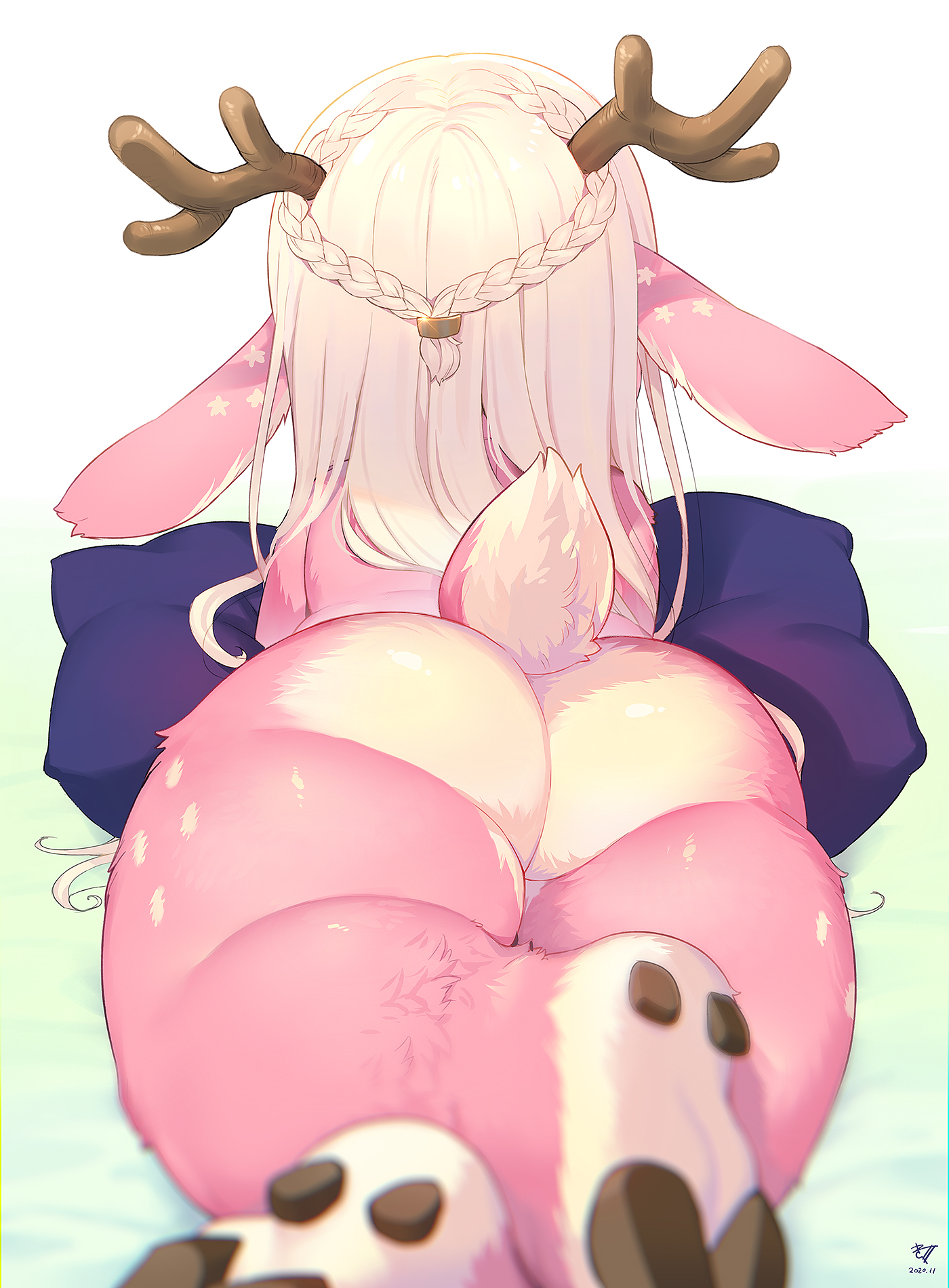 anthro, antlers, ass, from behind, furry, kishibe, long hair, lying, pillow, pink body, pink skin, solo, tail, white hair