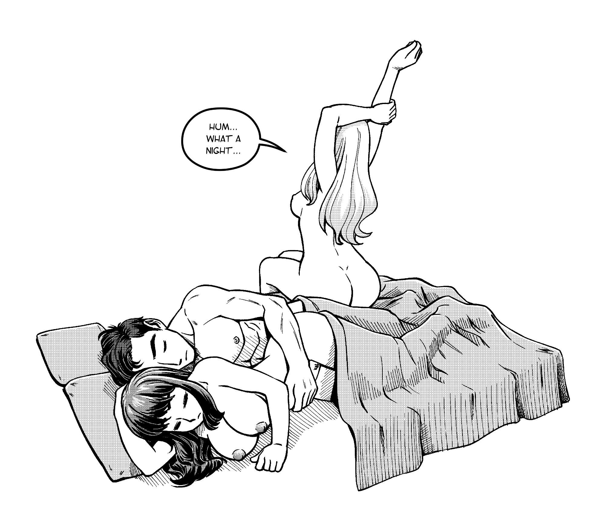 1boy, 2girls, 3some, after sex, after threesome, areolae, ass, bed, black and white, black cat (marvel), breasts, brother-tico, commission, commission art, cuddling, cuddling up together, felicia hardy, female, getting up, male, male/female, man, marvel, marvel comics, mary jane watson, nipples, ot3, peter parker, safior-scribe, sitting on bed, sitting up, sleeping, sleeping after sex, sleeping nude, sleeping together, spider-man, spider-man (series), straight, stretching, stretching arms, threesome, throuple, waking up