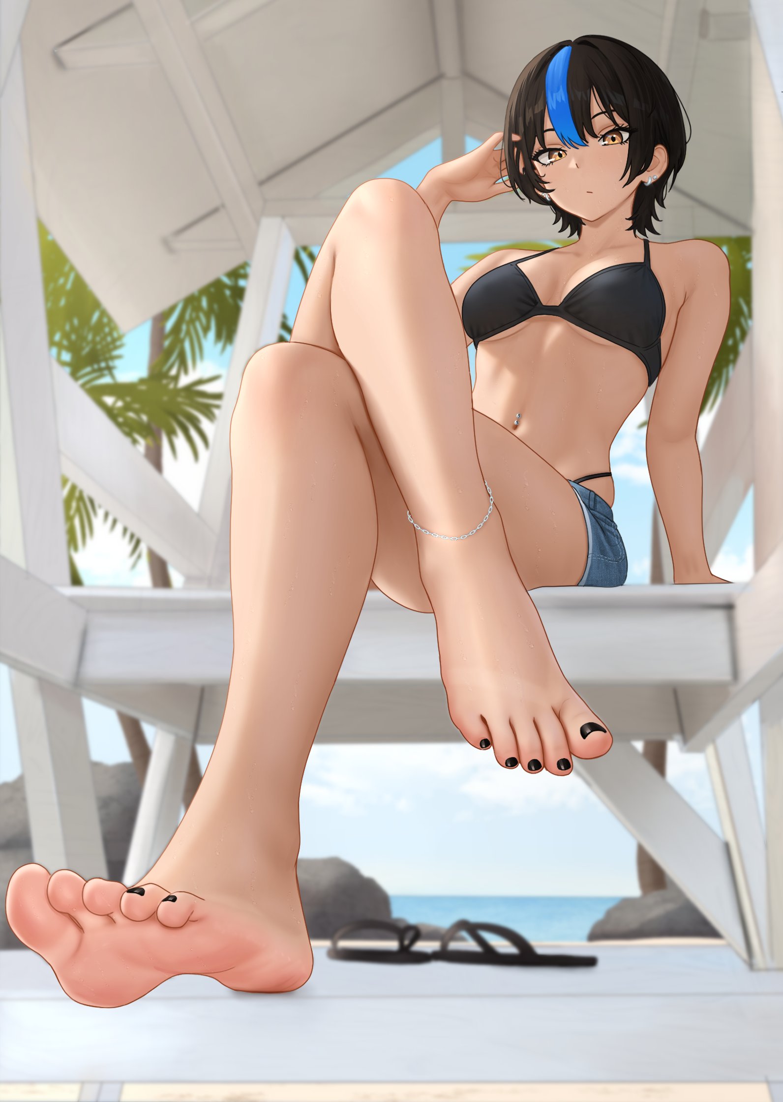 1girls, ankle ring, ankles, bare legs, bare midriff, bare shoulders, barefeet, barefoot, beach, beach background, black hair, black nail polish, black nails, black polish, black toenail polish, black toenails, blue tuft, bra, brown hair, crossed legs, dark hair, feet, female, golden eyes, imminent foot worship, imminent footjob, jean shorts, jeans shorts, legs, meaty feet, nail polish, naked feet, nihu, original, original character, pants, pedicure, perfect feet, pink toes, shiragi (nihu), short hair, shorts, showing, showing feet, showing off, showing off feet, showing soles, sitting, skindentation, slender body, slender legs, slim waist, slippers, slippers removed, soles, suckable toes, sweat, sweatdrop, sweating, sweaty, sweaty body, sweaty feet, sweaty legs, teen, teenage female, teenage girl, teenager, toenail polish, toenails, toenails polish, toes, tuft, yellow eyes