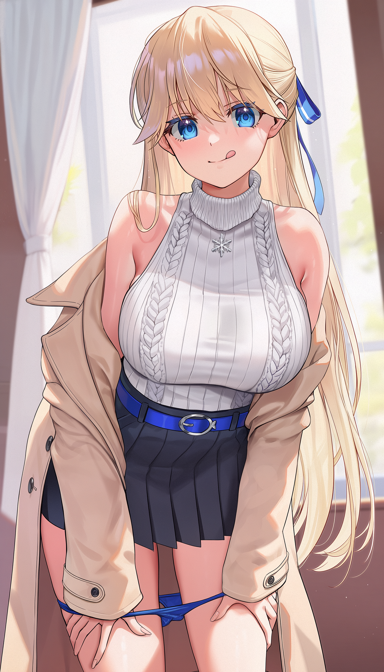 :q, ai generated, bangs, bare shoulders, beige coat, belt, blonde hair, blue eyes, blue panties, blush, breasts, classroom of the elite, female, hair ribbon, jewelry, large breasts, long hair, looking at viewer, nanase tsubasa, necklace, open coat, panties, panty pull, pleated skirt, ribbon, skirt, sleeveless, smile, solo, sweater, tongue, tongue out, underwear, voidbunny, white sweater, youkoso jitsuryoku shijou shugi no kyoushitsu e