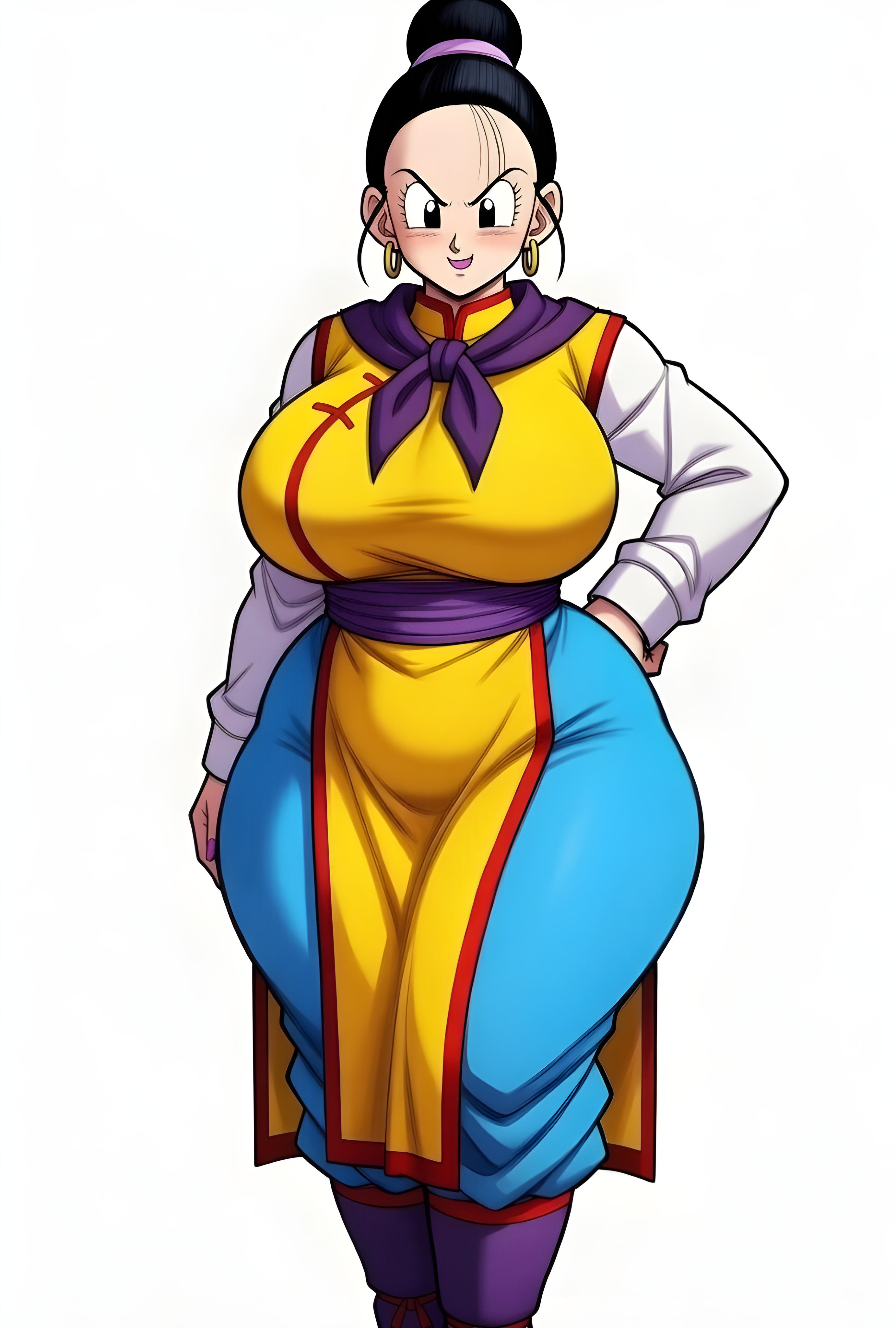 1girls, ai, ai generated, big ass, big breasts, big butt, brasil louco, chichi, chichi (majin buu saga), dragon ball, dragon ball super, dragon ball z, female, female only, full body, fully clothed, huge breasts, looking at viewer, milf, seductive, seductive look, seductive smile, shueisha, simple background, solo, solo female, solo focus, tagme, toei animation, voluptuous, white background