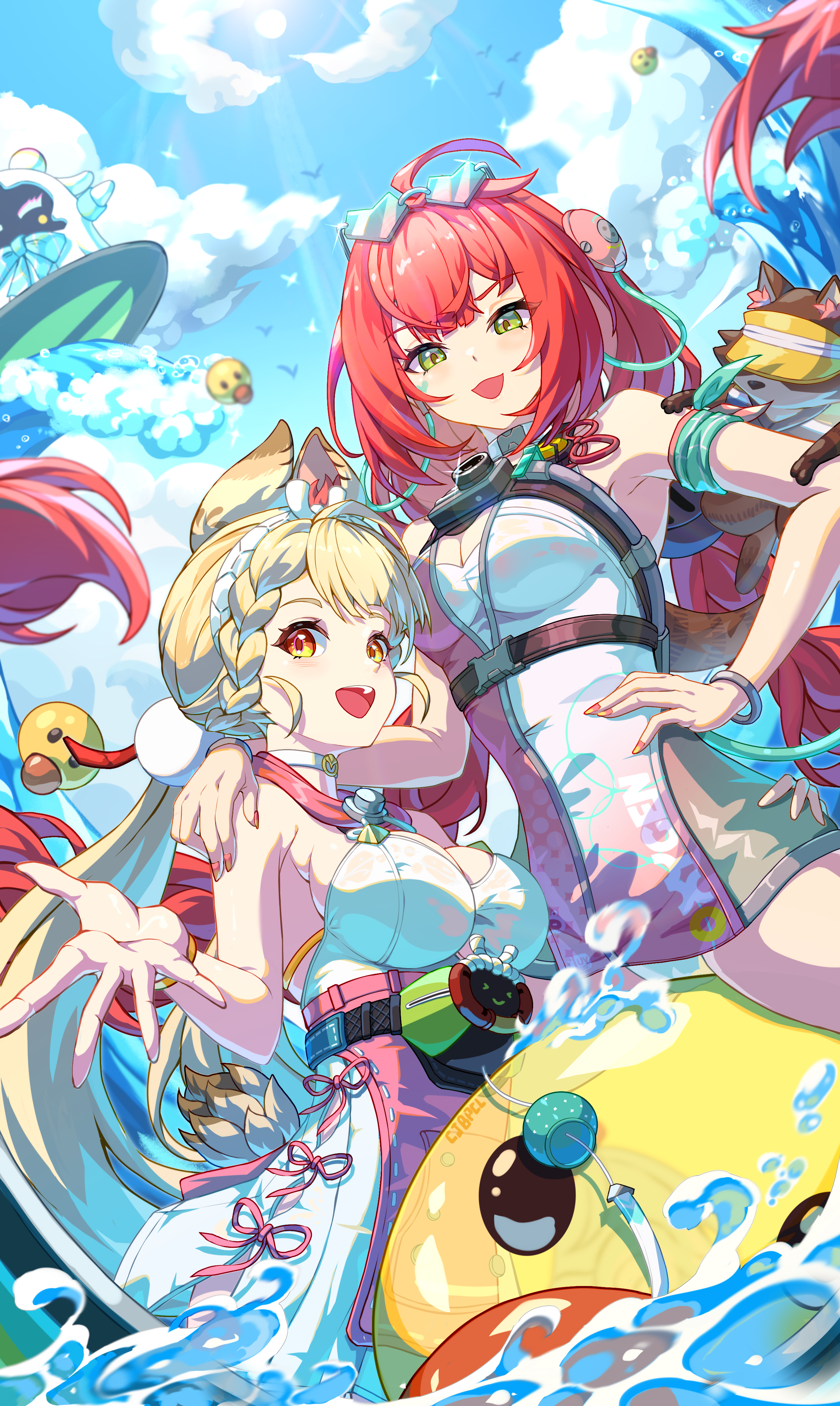2girls, absurdres, ahoge, alice thymefield, alice thymefield (sea of thyme), animal ears, arm ribbon, armpits, bangboo (zenless zone zero), bare shoulders, blonde hair, braid, breasts, bupa chila, camera, choker, cleavage, day, eyewear on head, female, female only, green eyes, hair ornament, hand on own hip, heart, heart-shaped eyewear, highres, inflatable toy, kamanosuke (zenless zone zero), large breasts, long hair, looking at viewer, low twintails, medium breasts, miss esme (zenless zone zero), multiple girls, my lady, official alternate costume, one-piece swimsuit, open mouth, orange eyes, outdoors, pink one-piece swimsuit, rabbit ears, red hair, ribbon, smile, sphere hair ornament, sunglasses, swimsuit, twintails, two-tone swimsuit, ukinami yuzuha, ukinami yuzuha (tanuki in broad daylight), v-shaped eyebrows, very long hair, video game character, white choker, white one-piece swimsuit, zenless zone zero