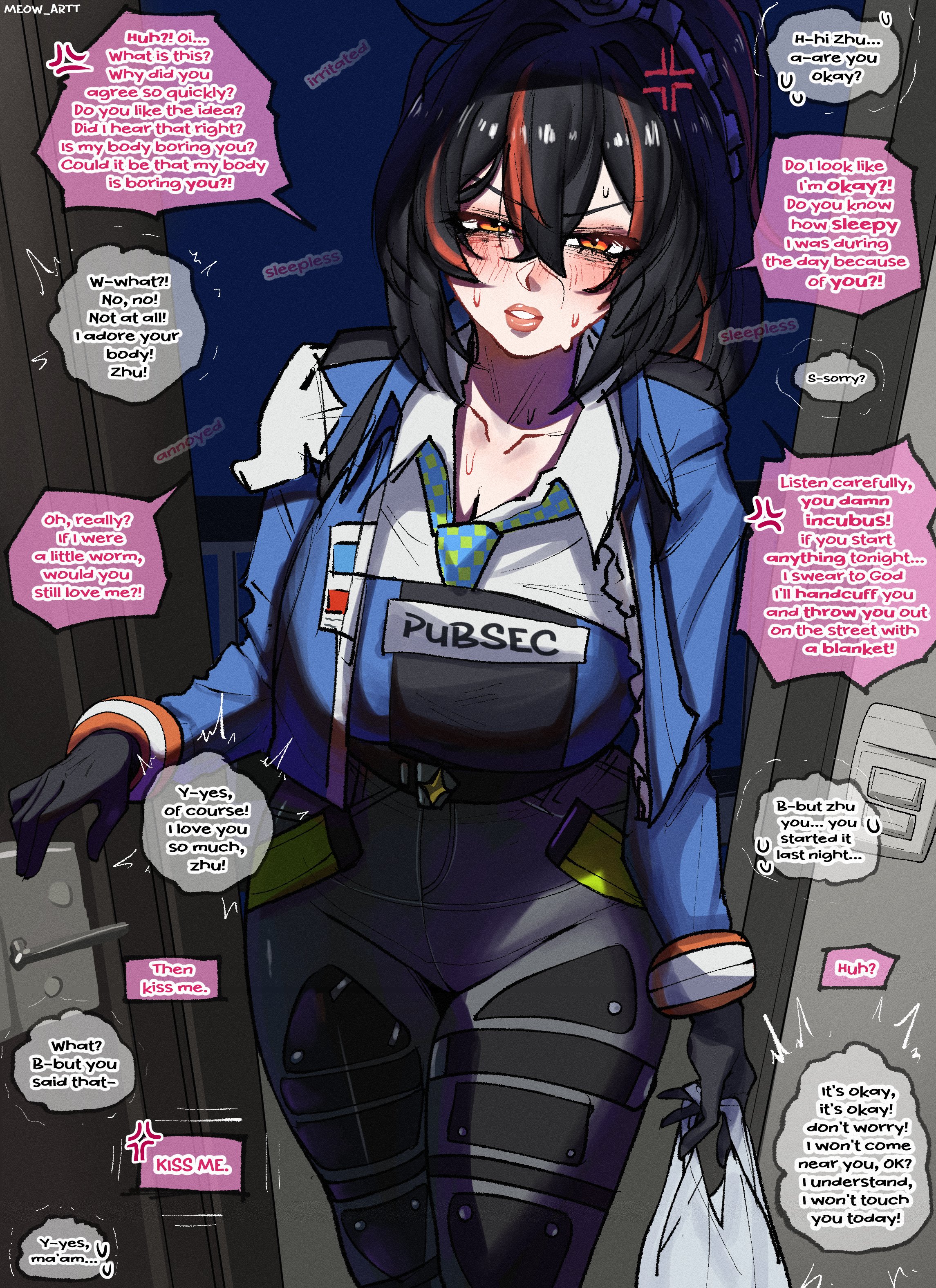 annoyed, annoyed expression, big breasts, english dialogue, english text, eyebags, fael art, female, imminent sex, large breasts, sweat, sweating, sweaty, thick thighs, tired, tired expression, tomboy, wide hips, wise (zenless zone zero), zenless zone zero, zhu yuan