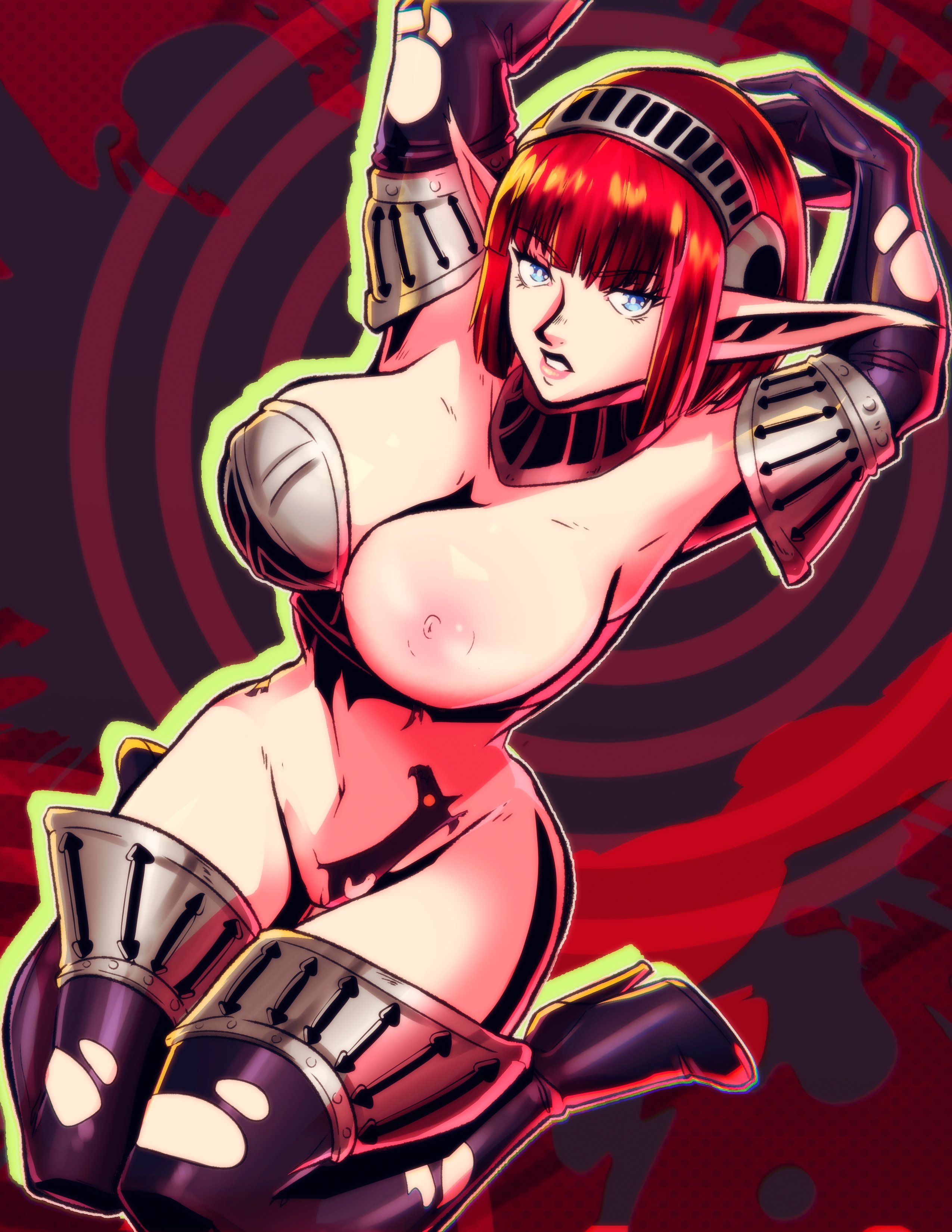 1girls, alternate costume, alternate version available, areolae, arms up, armwear, atlus, big breasts, bikini armor, blue eyes, bottomless, breasts, cleavage, detached collar, eiselin hulkenberg, elf ears, exposed nipple, female, female only, footwear, hair, heels, high-cut armor (persona), hips, hulkenberg, legwear, long hair, metaphor: refantazio, nico artooo, nipples, on knees, one breast out, persona, pointy ears, pussy, red hair, revealing clothes, ripped clothing, skimpy, skimpy armor, skimpy clothes, solo, solo female, thighs, topwear, vagina