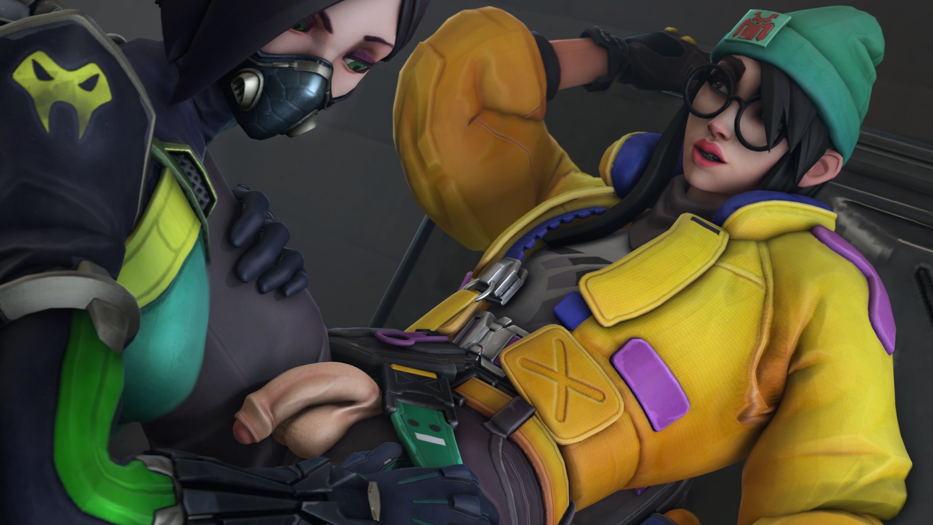 1futa, 1girls, 3d, clothed, clothed female, clothing, dentol, dickgirl, eyeshadow, female, fingerless gloves, flaccid, futa with female, futanari, glasses, intersex, killjoy (valorant), lipstick, penis, penis out, source filmmaker, spread legs, valorant, viper (valorant)