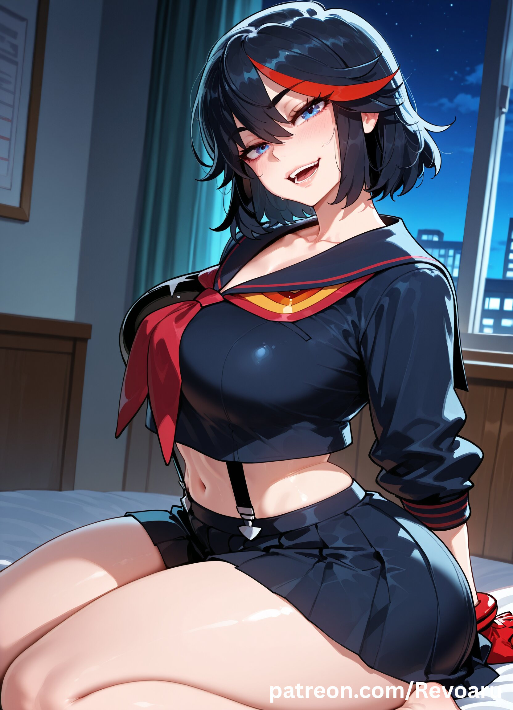 ai generated, big breasts, black hair, breasts, female, female only, huge breasts, kill la kill, matoi ryuuko, mature, mature female, quality, revoaru, solo, thick thighs, thighs