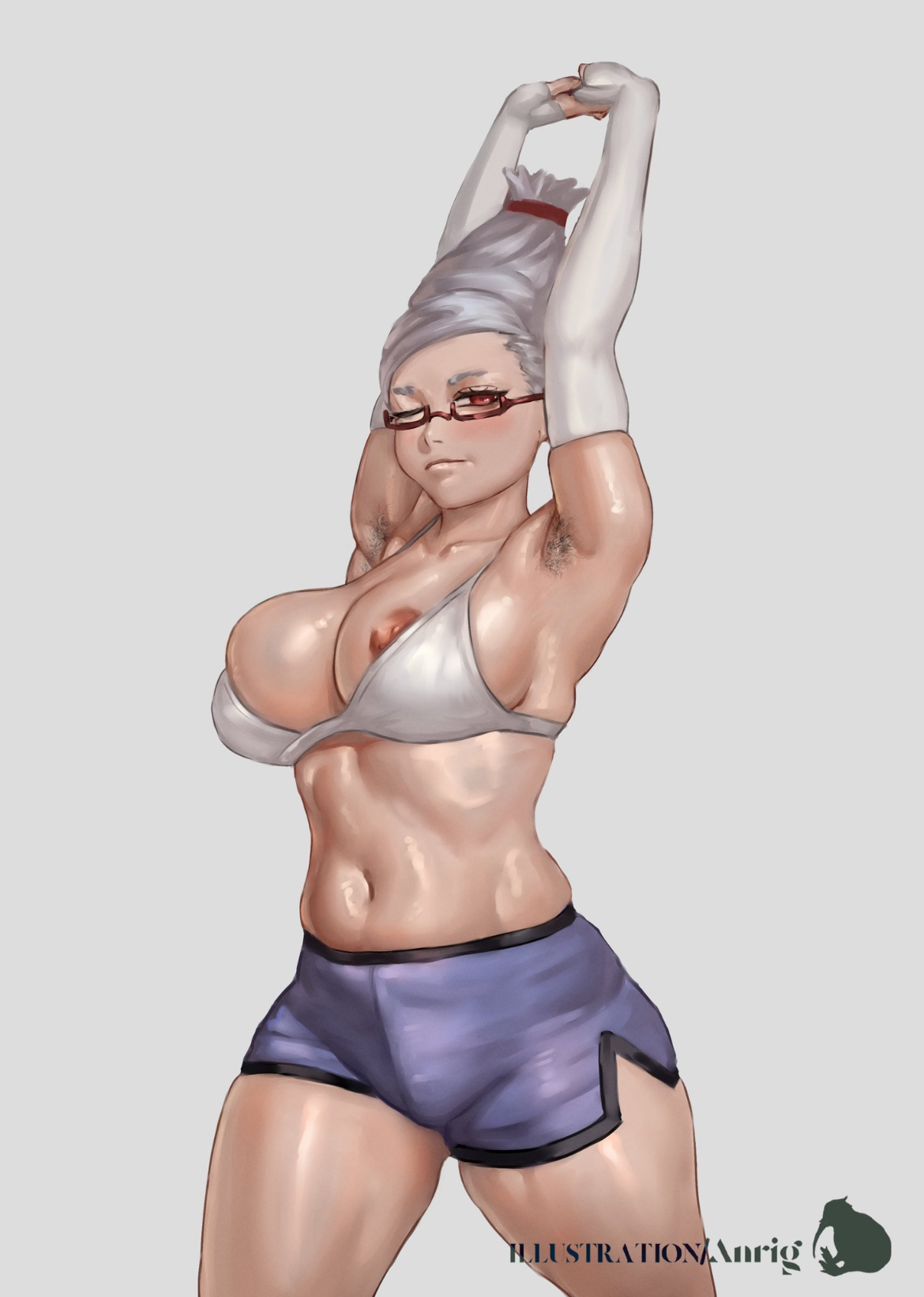 anrig, areola, areola slip, areolae peeking, armpits, ayase seiko, belly, big breasts, big thighs, bra, busty, busty female, curves, curvy, cute, cute face, dandadan, fat breasts, female, female focus, female only, gilf, glasses, grandma, hairy armpits, hourglass figure, legs, midriff, nipple peek, nipple slip, one eye closed, oppai, red eyes, sexy, sexy body, short shorts, shorts, silver hair, solo, solo female, solo focus, stretching, stretching arms, thick thighs, tummy, wink