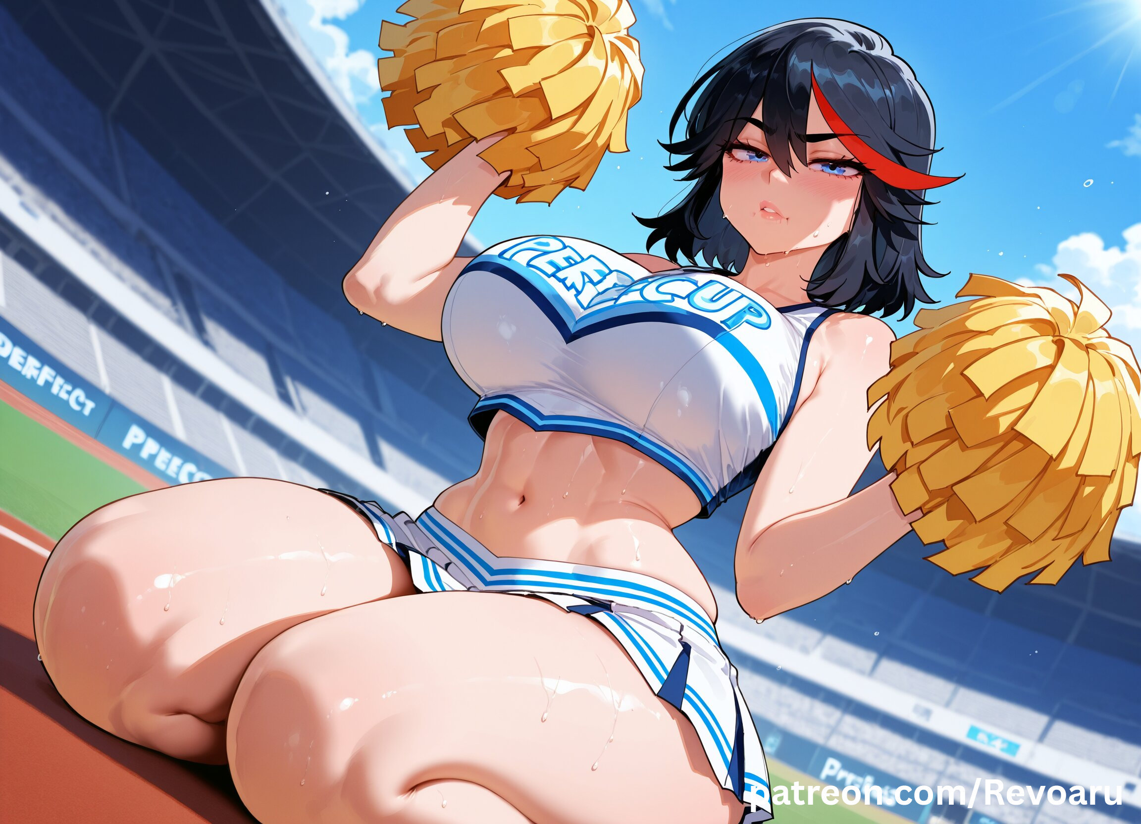 ai generated, big breasts, black hair, breasts, cheerleader, cheerleader outfit, cheerleader uniform, female, female only, huge breasts, kill la kill, matoi ryuuko, mature, mature female, quality, revoaru, solo, thick thighs, thighs