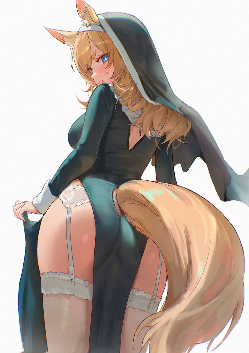 1girls, animal ear fluff, animal ears, arknights, ass, black dress, blonde hair, blue eyes, blush, dress, from behind, horse, horse ears, horse girl, horse tail, long hair, long sleeves, looking at viewer, looking back, nun, nun hat, nun's habit, pelvic curtain, simple background, solo, tail, thighhighs, thighs, uof, whislash (arknights), white background, white pupils, white thighhighs