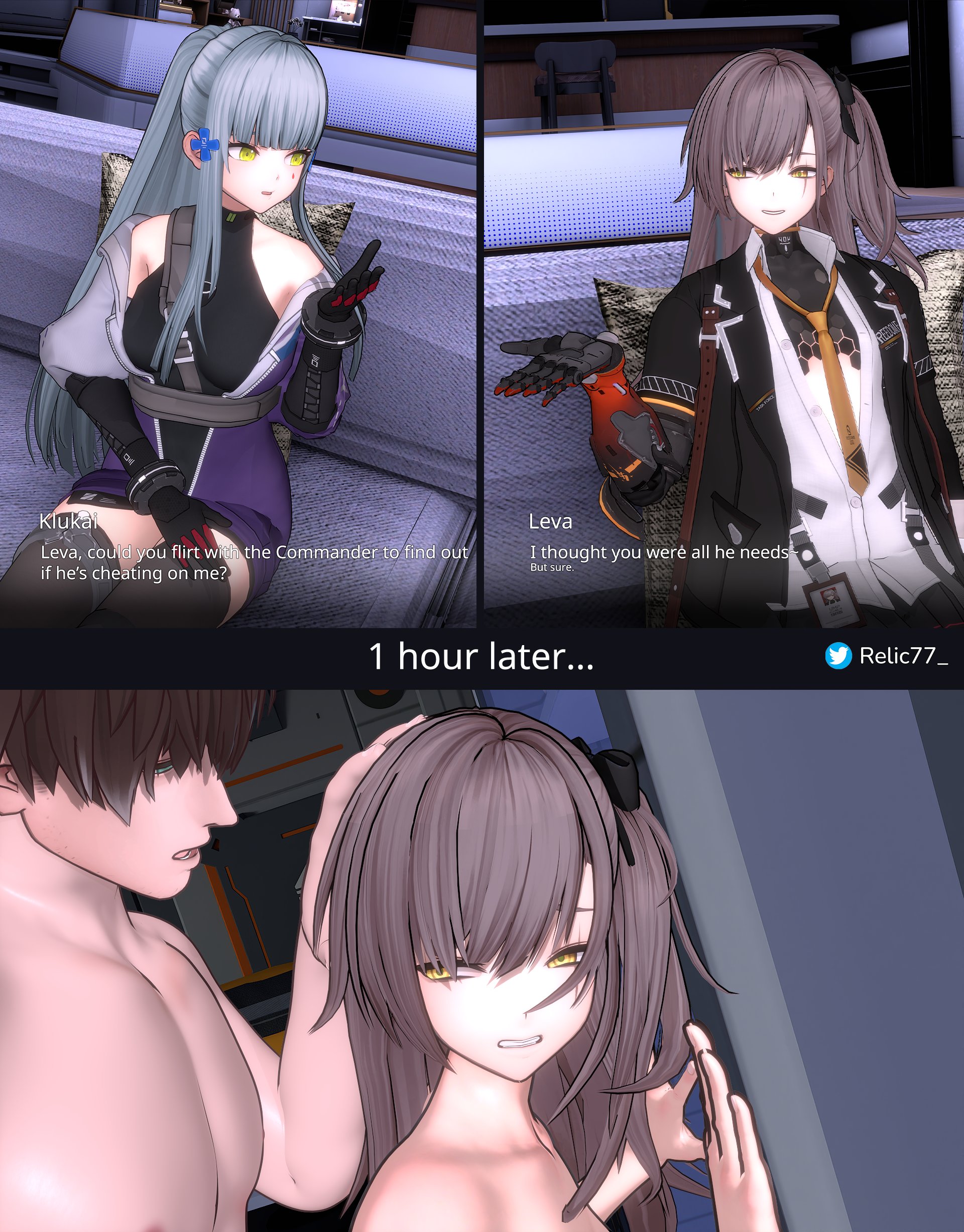 1boy, 2girls, cheating, commander (girls' frontline), female, girls' frontline, girls' frontline 2: exilium, hk416 (girls' frontline), implied sex, klukai (girls' frontline 2), leva (girls' frontline 2), male, relic77, sex, ump45 (girls' frontline)