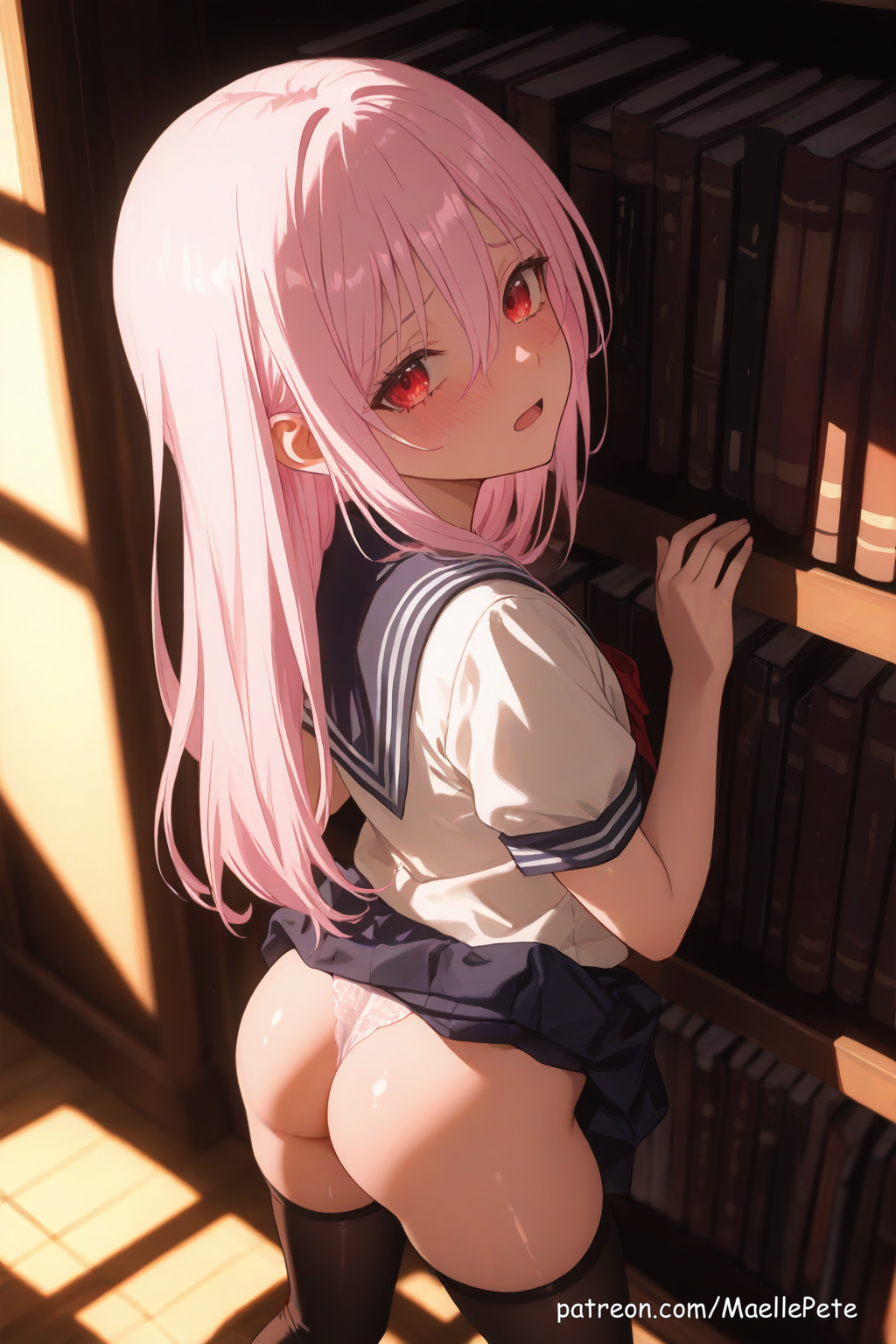 ai generated, anime, ass, ass focus, beautiful, beauty, behind, behind view, bending forward, bending over, blush, breasts, butt focus, cleavage, cute, engage kiss, eyes, female, flat belly, girl, girly, high quality, high resolution, highres, human, kisara (engage kiss), library, long hair, love, maellepetite, medium breasts, naked, nsfw, nude, nude female, nudity, oil, oiled, oiled body, oiled skin, petite, petite body, petite female, pose, pussy, school uniform, schoolgirl, shiny skin, skinny, slim, slim waist, small breasts, teenage girl, uncensored, vagina, vaginal penetration, viewed from behind, young