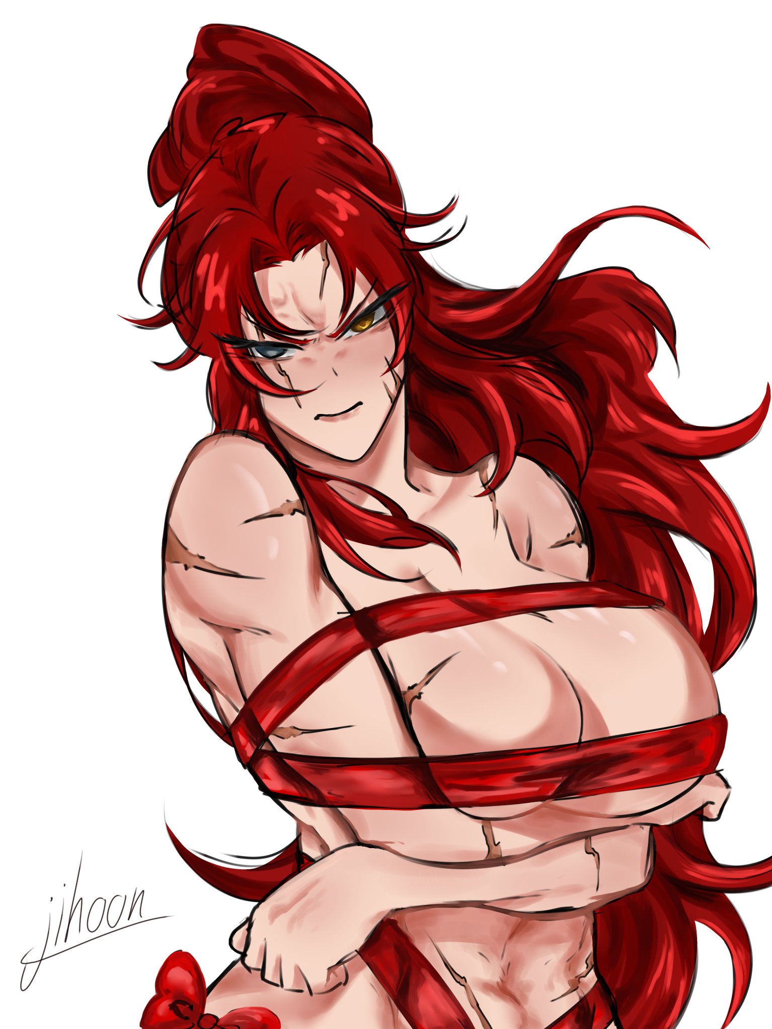 bondage, colored, flustered, gebura (lobotomy corporation), library of ruina, lobotomy corporation, long hair, looking at viewer, muscular female, project moon, red hair, scar across eye, scar on face, scars, scars all over