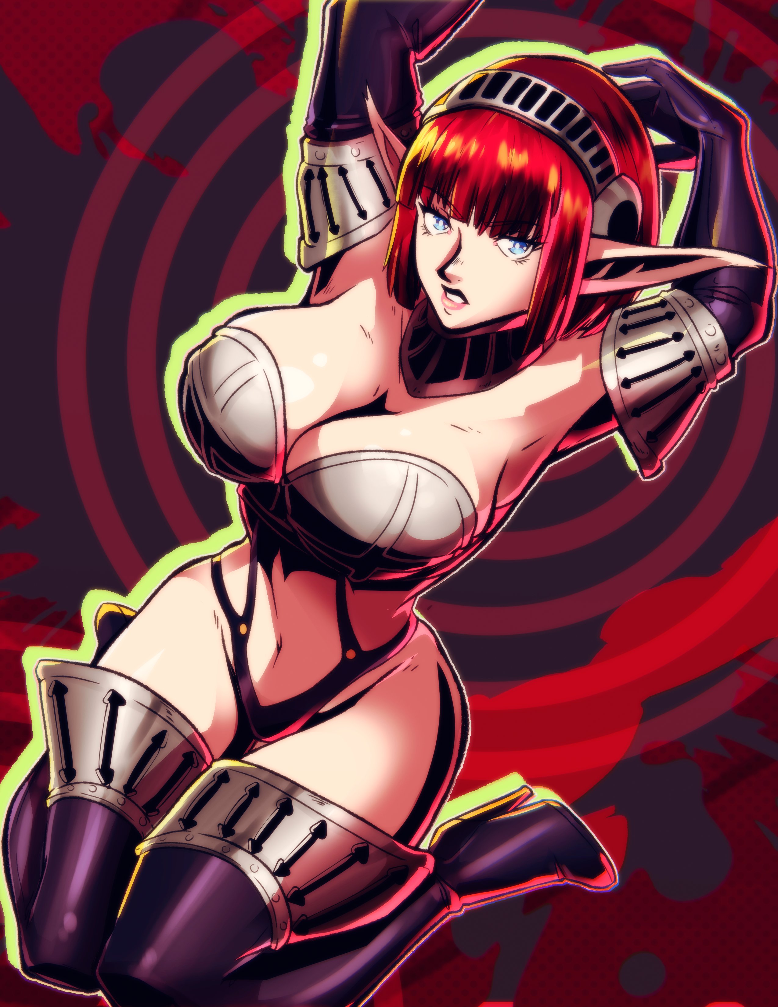 1girls, alternate costume, alternate version available, arms up, armwear, atlus, big breasts, bikini armor, blue eyes, bottomwear, breasts, cleavage, detached collar, eiselin hulkenberg, elf ears, female, female only, footwear, hair, heels, high-cut armor (persona), hips, hulkenberg, legwear, long hair, metaphor: refantazio, nico artooo, on knees, persona, pointy ears, red hair, revealing clothes, skimpy, skimpy armor, skimpy clothes, solo, solo female, thighs, topwear