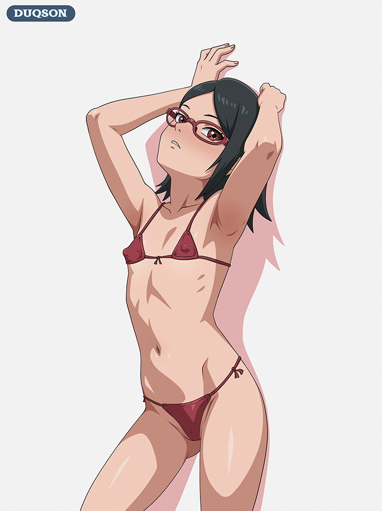 1girls, bikini, boruto: naruto next generations, clothed, clothed female, duqson, female only, naruto, naruto (series), red eyes, sarada uchiha, seductive, sharingan, showing off, small breasts, solo, teenage girl, teenager, uchiha sarada, young