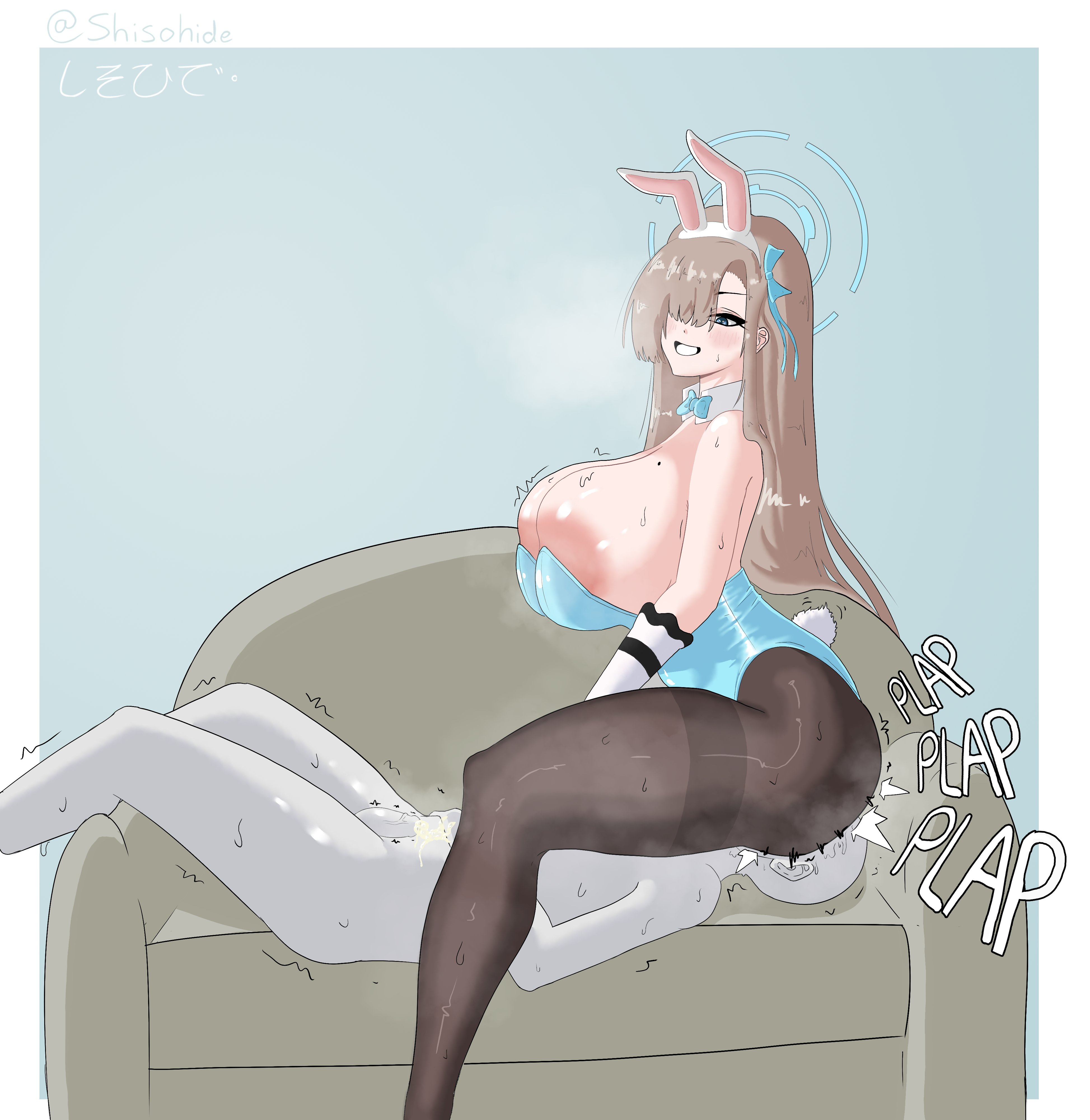 1boy, 1girls, 2025, absurd res, anon, anonymous male, areolae, asuna (blue archive), asuna (bunny) (blue archive), big breasts, blonde hair, blue archive, blue eyes, bunny ears, bunny tail, bunnysuit, facesitting, female, grin, hair over one eye, huge breasts, large areolae, long hair, lying, lying on back, lying on sofa, male, mole, mole on breast, pantyhose, shisohide, smiling, sweat, thick thighs