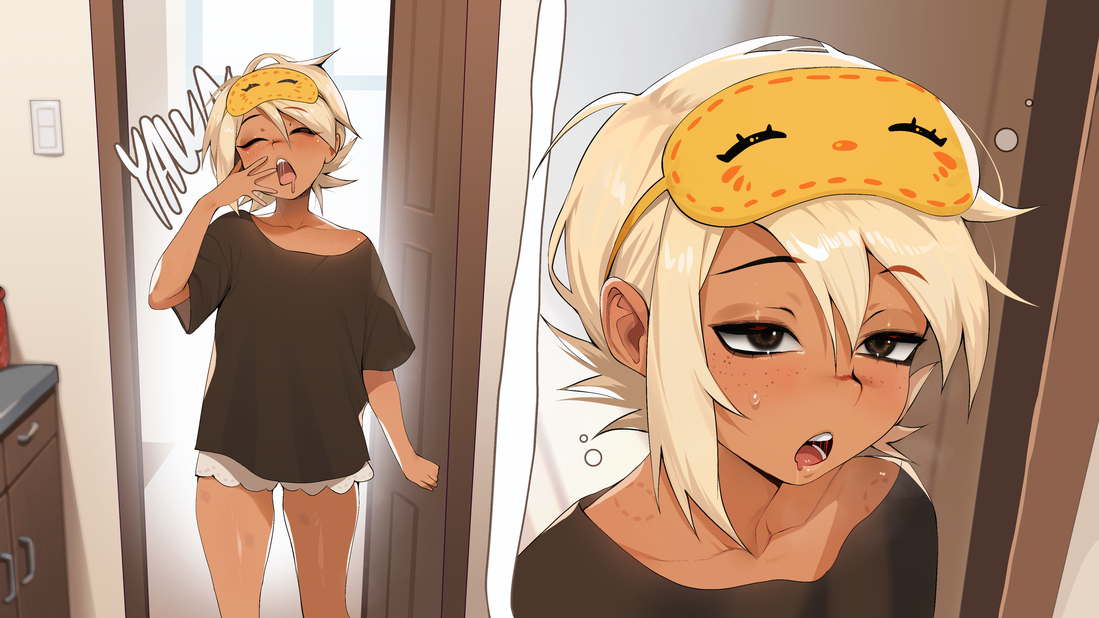 1boy, bite, bite mark, bite marks, cg, cg art, cute, drooling, eepy, femboy, femboy only, game cg, game screenshot, gyaru, gyaru-oh, hickey, hickey marks, ikstina, in kitchen, kitchen, morning, official art, questionable, shorts, sleepy, sole male, sparky, sparky (ikstina), thick, thick thighs, thighs, visual novel, yawn, yawning