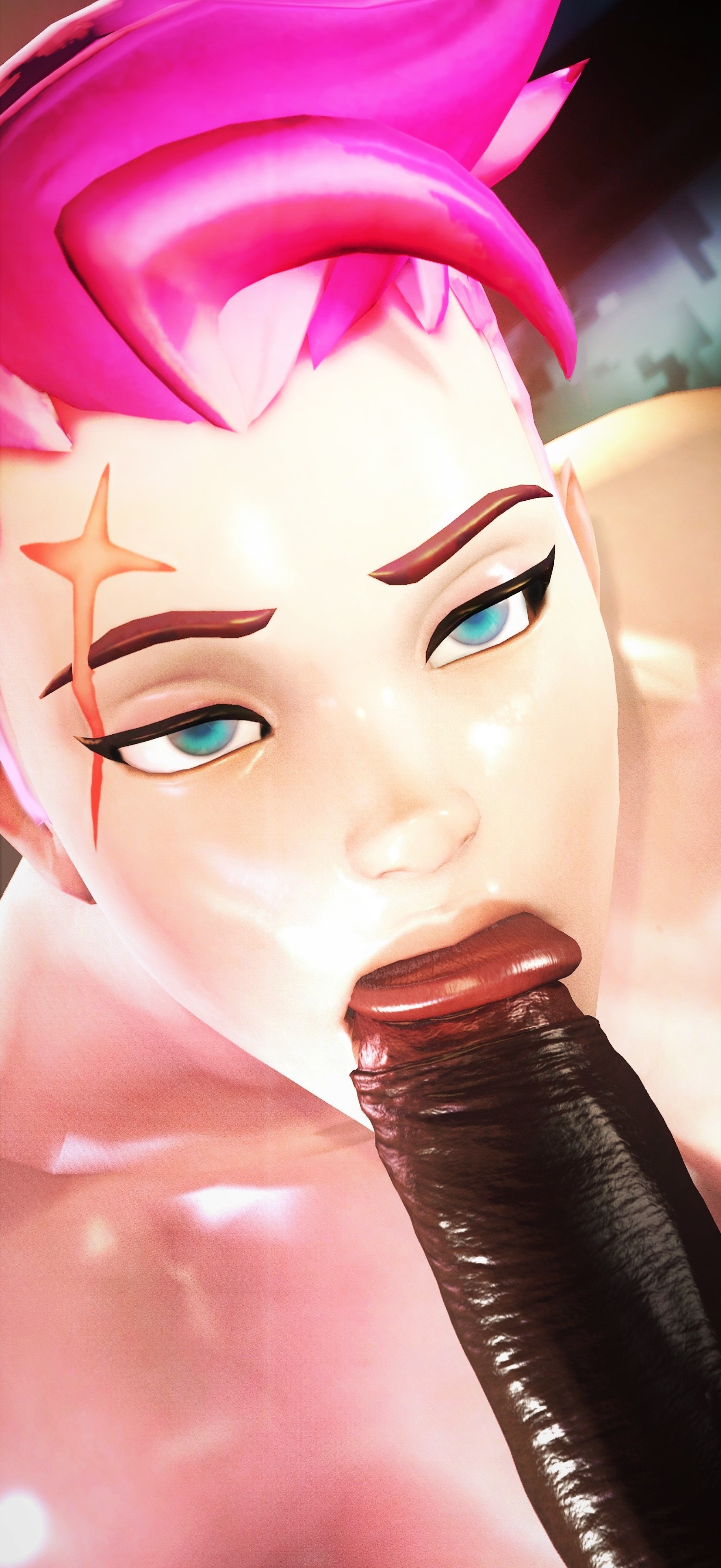 3d, akatomasu, angry, angst face, big penis, blowjob, breasts, dark skin, dark-skinned male, dyed hair, fellatio, female, green eyes, interracial, just the tip, light skin, light-skinned female, looking at partner, male, muscular, muscular female, nude, nude female, oral, oral penetration, oral sex, overwatch, penis, pink hair, short hair, source filmmaker, straight, zarya