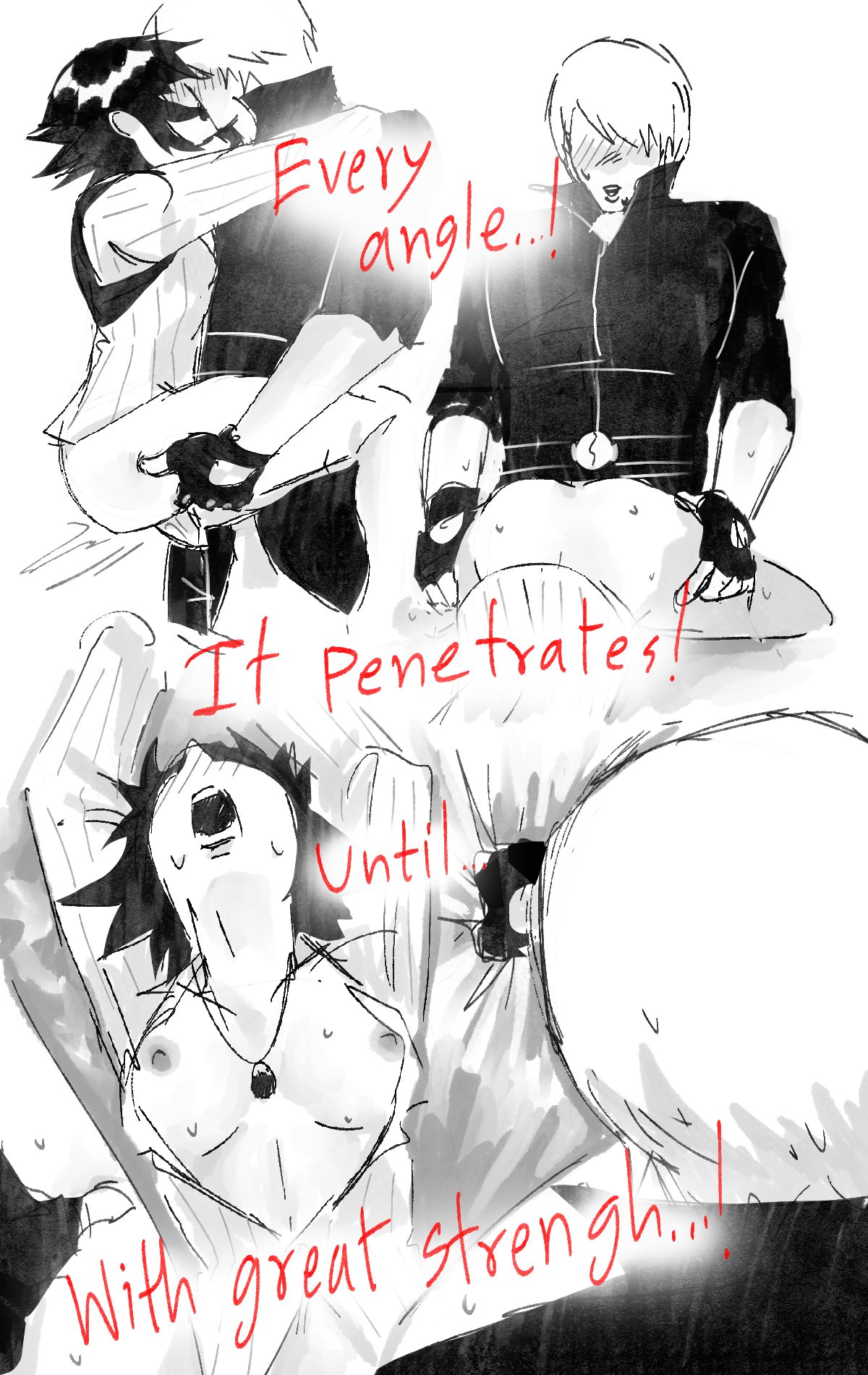 1boy, 1girls, 2d, arched back, back arching orgasm, big breasts, black and white, black hair, bottomless, bottomless female, breasts, breasts out, clothed, clothed male, clothed male nude female, clothed sex, comic, dante (devil may cry), devil may cry, devil may cry (series), devil may cry 4, doggy style, english text, exposed breasts, eyeless, eyeless female, eyeless male, female, female penetrated, fingerless gloves, from behind, gloves, grabbing sheets, half naked, half naked female, half-dressed, kissing, kissing while penetrated, lady (devil may cry), large breasts, male, missionary position, multiple poses, nipple slip, nipples, no bra, passionate, penis, short hair, sommai, stand and carry position, standing sex, text, vaginal, vaginal penetration, vaginal sex, white hair, wolf cut