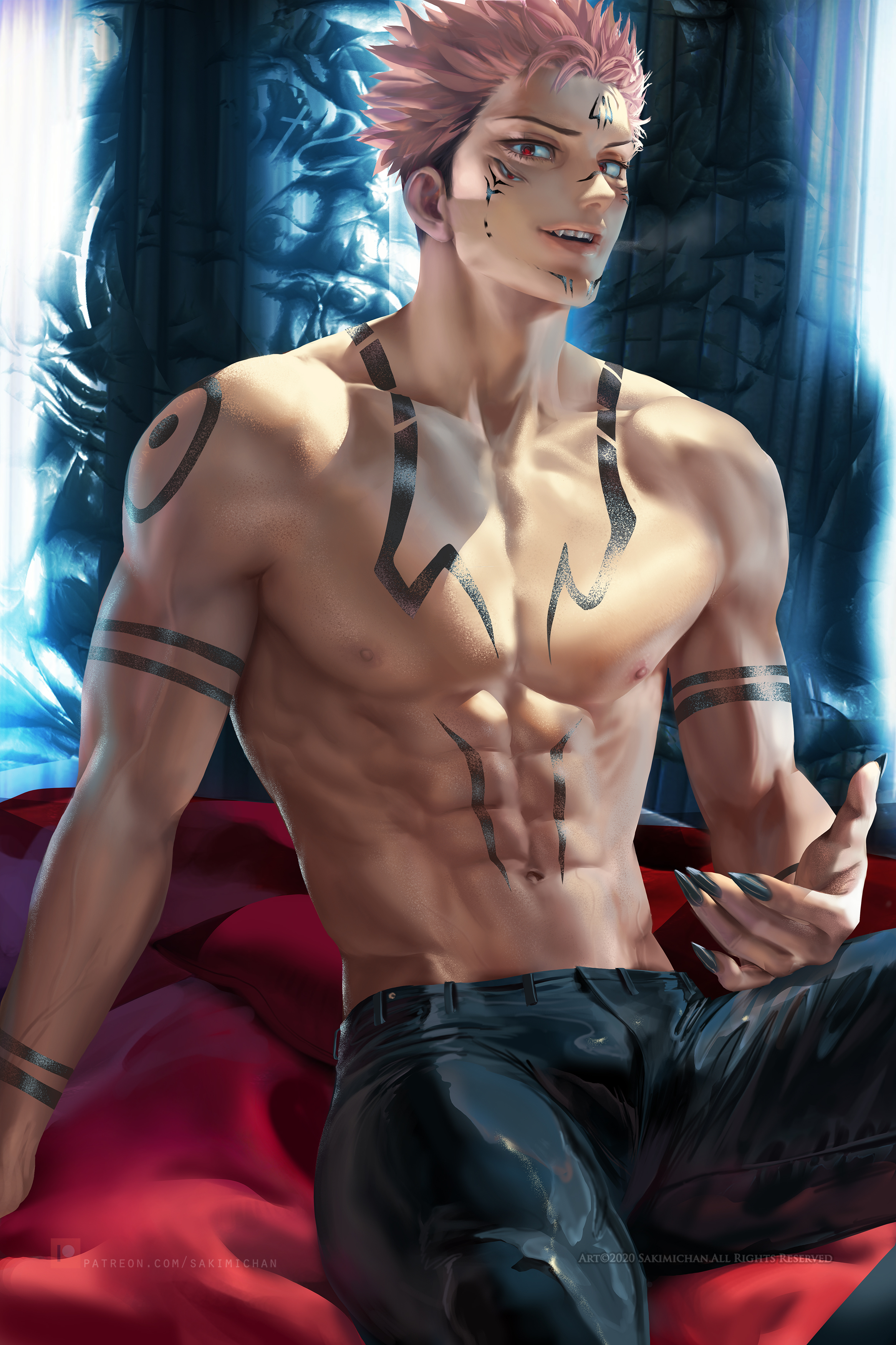 1boy, alternate version available, itadori yuuji, jujutsu kaisen, long fingernails, male, male only, muscular, muscular male, pants, pink hair, red eyes, ryoumen sukuna (jujutsu kaisen), sakimichan, tattoo, tattoos