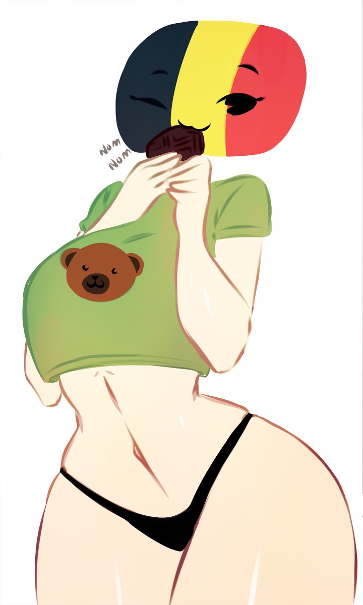 anthro bear belgian_flag belgium belgium_(countryhumans) black_panties chocolate_waffle countryhumans countryhumans_girl crop_top cute drawers eating eating_chocolate_waffle eating_waffle flawsy genderswap genderswap_(mtf) green_shirt one_eye_closed rule_63 smile thick_ass thick_thighs waffle_(food) wide_hips winking