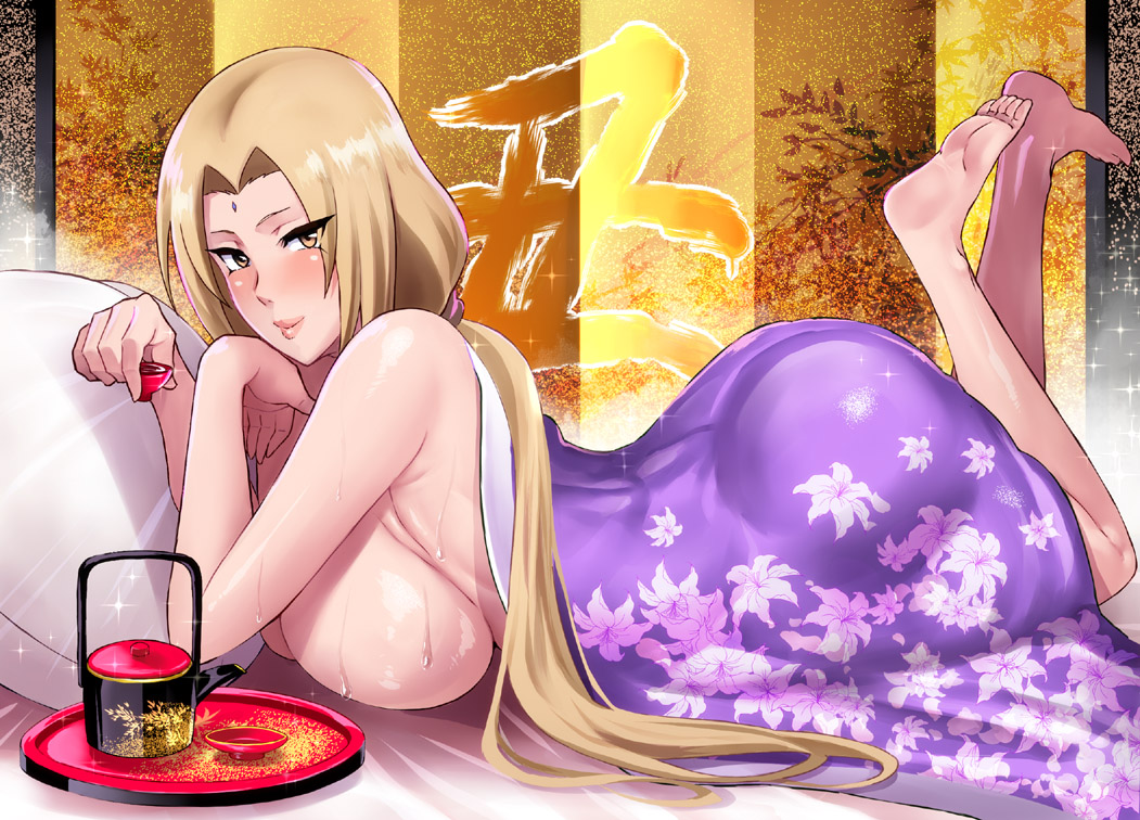 5 toes, ass, barefoot, big ass, big breasts, blonde hair, breasts, clothing, feet, female, female only, haikawa hemlen, lying, milf, naruto, naruto (series), pillow, plump ass, toes, tsunade