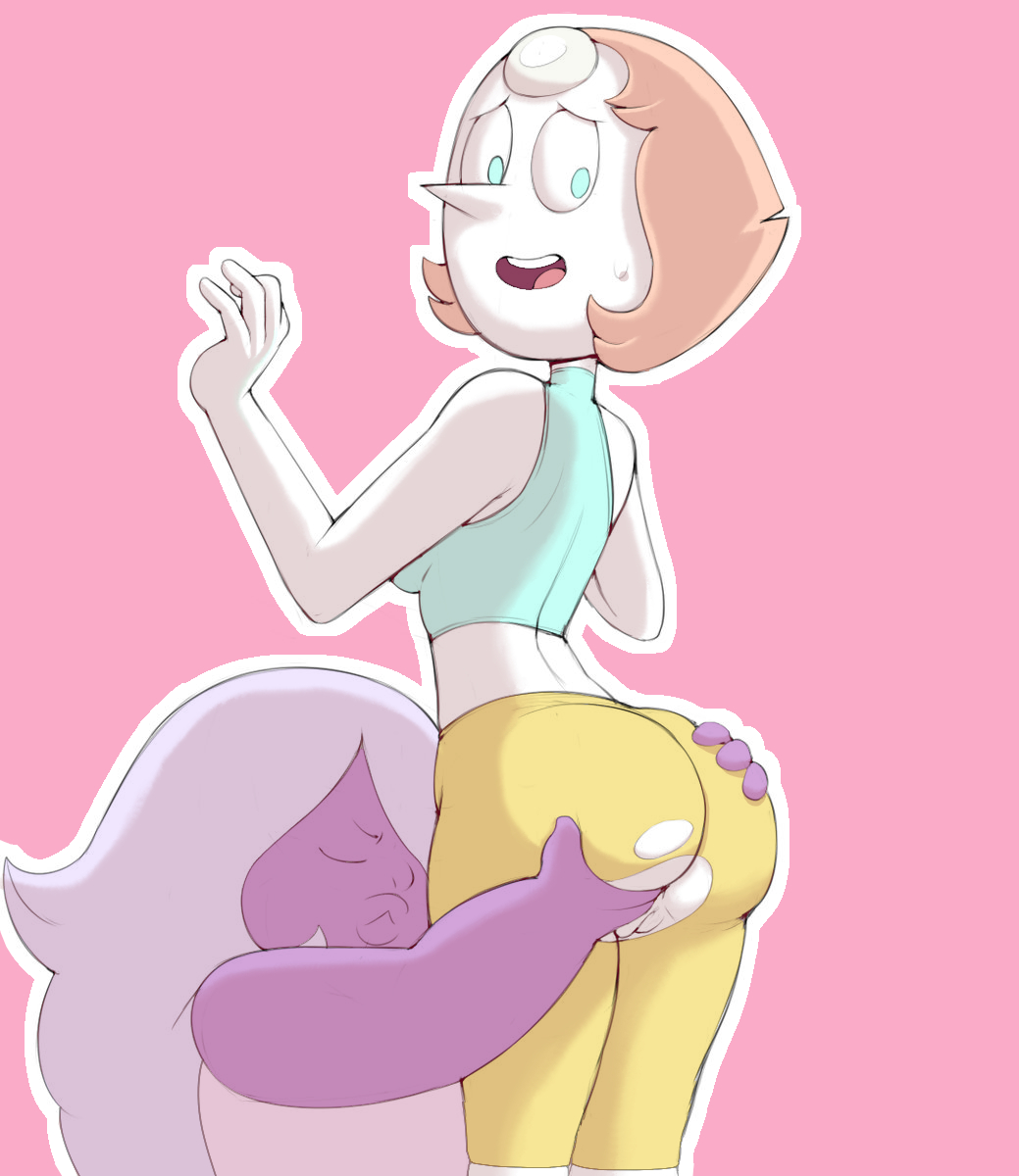 amethyst_(steven_universe) ass ass_grab ass_grab_from_front big_ass cartoon_network colored female female_only grey_impact pearl_(steven_universe) pussy ripped_clothing steven_universe worried