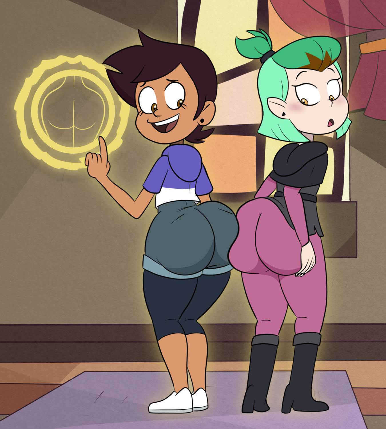 2020, 2girls, amity blight, ass, ass expansion, ass focus, ass to ass, big ass, black earrings, blush, brown hair, bubble ass, bubble butt, canon couple, chocolate and vanilla, clothing, dark skin, dark-skinned female, denim shorts, disney, disney channel, dominican, earrings, female, female only, green hair, happy female, hexside uniform, hispanic, human, humanoid, latina, leggings, looking back, luz noceda, magic, multicolored hair, multiple females, multiple girls, pale skin, pointy ears, school uniform, scobionicle99, straight hair, the owl house, tights, triangle earrings, tunic, uniform, white skin, witch