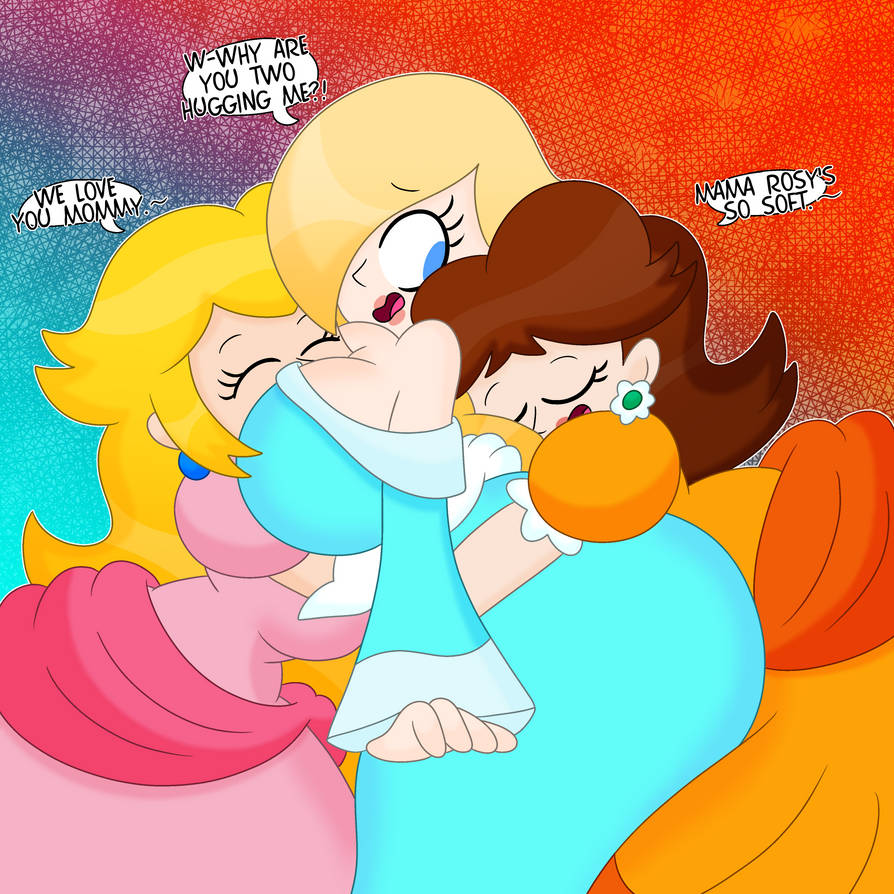 3barts, 3girls, alternate breast size, ass, ass in dress, between breasts, big ass, blonde hair, blue dress, blue eyes, breasts, brown hair, bubble ass, bubble butt, cleavage, closed eyes, clothed, clothing, dress, earrings, english text, female, female only, hug, huge breasts, looking at another, looking back, mario (series), multiple females, multiple girls, nintendo, orange dress, pink dress, platinum blonde hair, princess daisy, princess dress, princess peach, princess rosalina, simple background, speech bubble, standing, text, wide hips