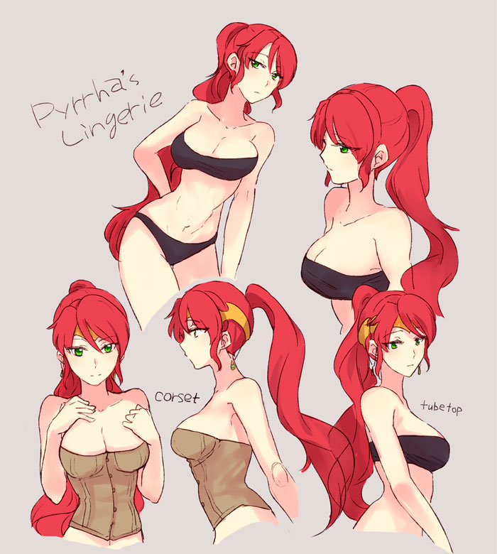 1girls, artist request, corset, female, green eyes, high ponytail, lingerie, long hair, ponytail, pyrrha nikos, red hair, rwby, sidelocks, tagme, tubetop