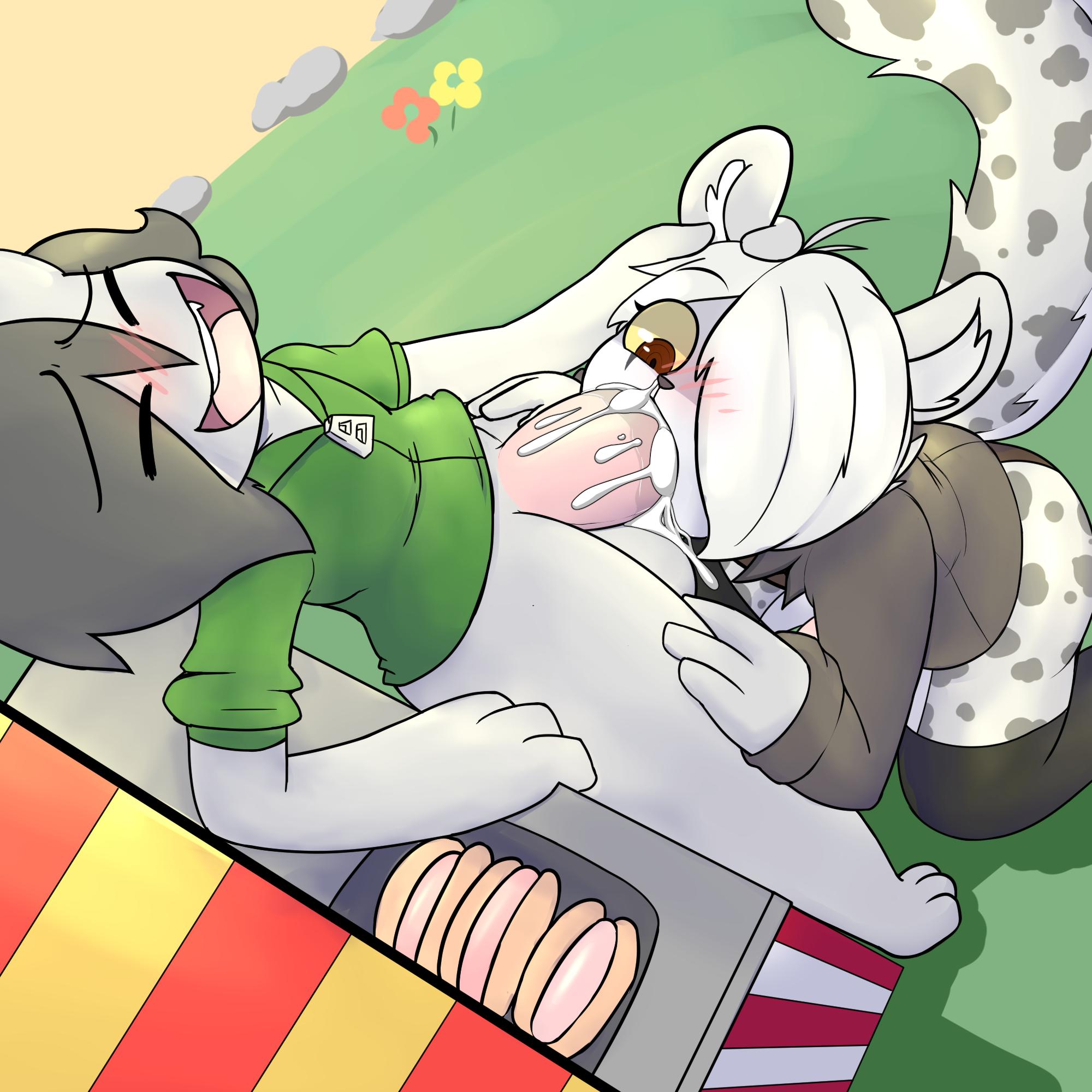 2boys, cain (neko3240), cat boy, cat ears, cat tail, catboy, clothed, clothing, cum, cum in mouth, cum inside, fellatio, fur, furry, grey fur, humanoid, male, male only, neko3240, oral, oral sex, partially clothed, penis, sex, smile, tagme