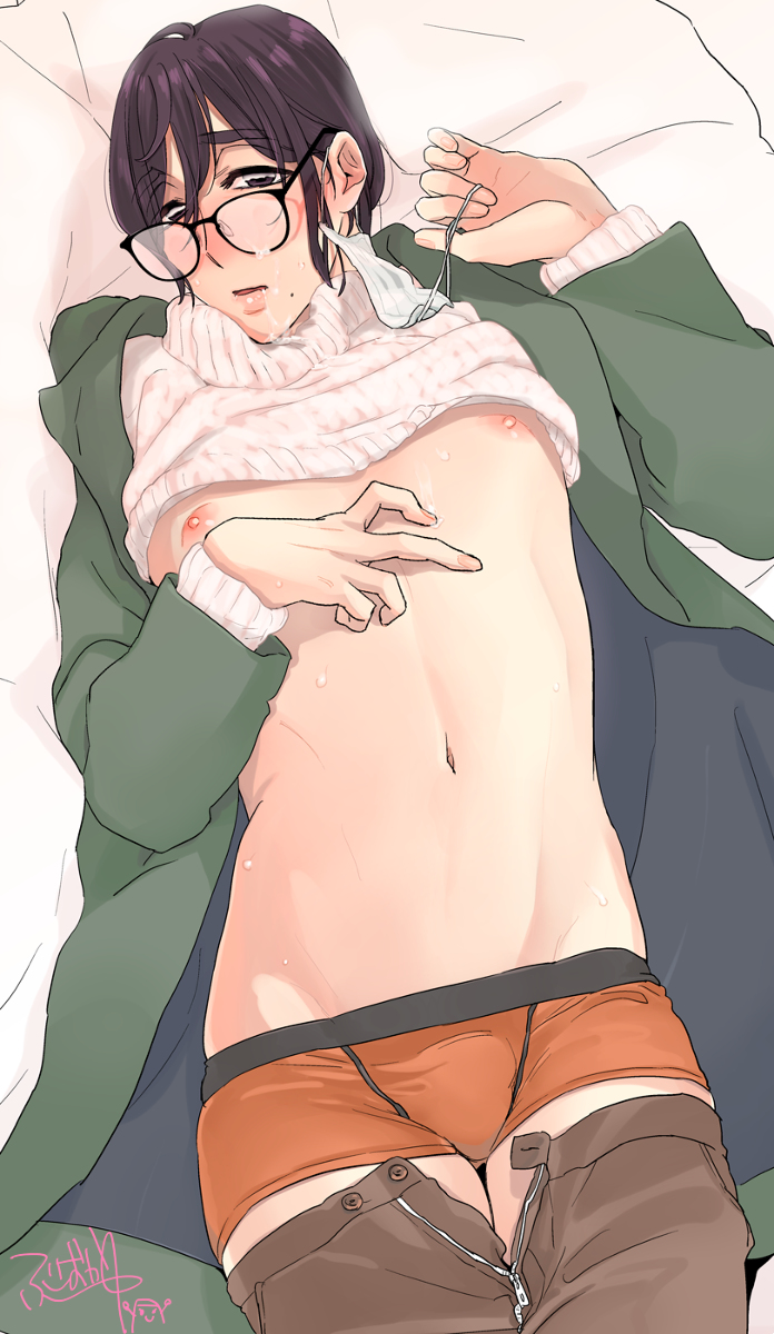 1boy black_hair blush boxer_briefs boxers coy cum_on_face dilf drooling facial femboy fuji0kayu glasses long_hair looking_at_viewer male male_only mature_male midriff milf-type_dilf mole mole_under_mouth on_back on_bed original pants_down partially_clothed puffy_nipples shirt_lift shy solo_male trap