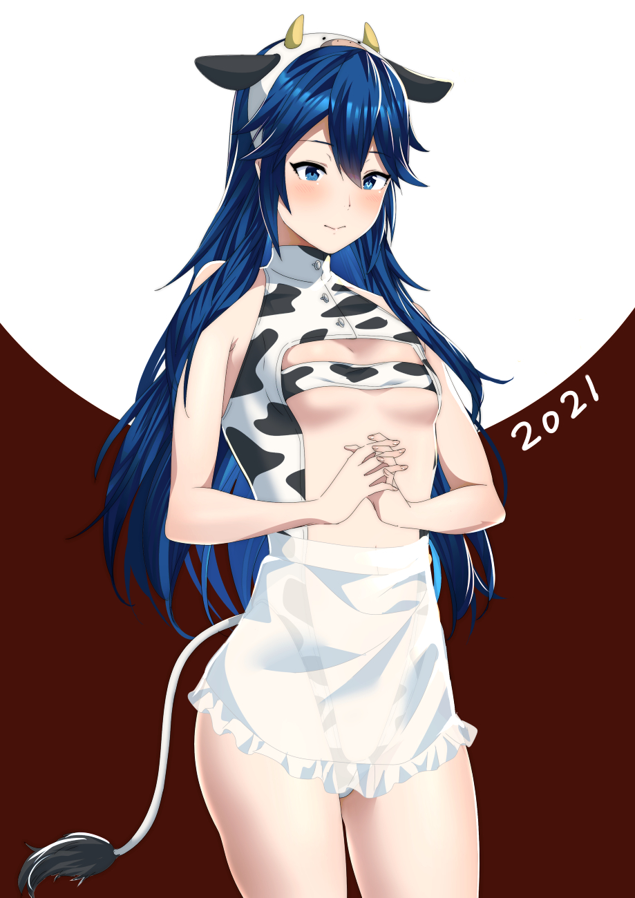 1girls 2021 ameno_(a_meno0) animal_costume animal_ears animal_print bell bell_collar bikini bikini_top blue_eyes blue_hair blush breasts chinese_zodiac collar cow_costume cow_ears cow_girl cow_horns cow_print female fire_emblem fire_emblem_awakening hair_between_eyes highres horns long_hair lucina_(fire_emblem) navel nintendo shiny shiny_hair small_breasts solo swimsuit tiara year_of_the_ox