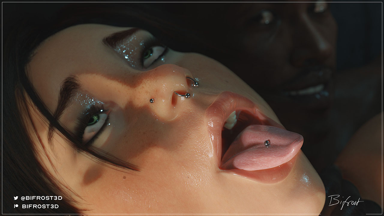 3d, ahe gao, ahegao, bifrost3d, choking, dark skin, dark-skinned male, female, interracial, lara croft, lara croft (survivor), male, nose piercing, piercings, tomb raider, tomb raider (survivor), tongue, tongue out, tongue piercing