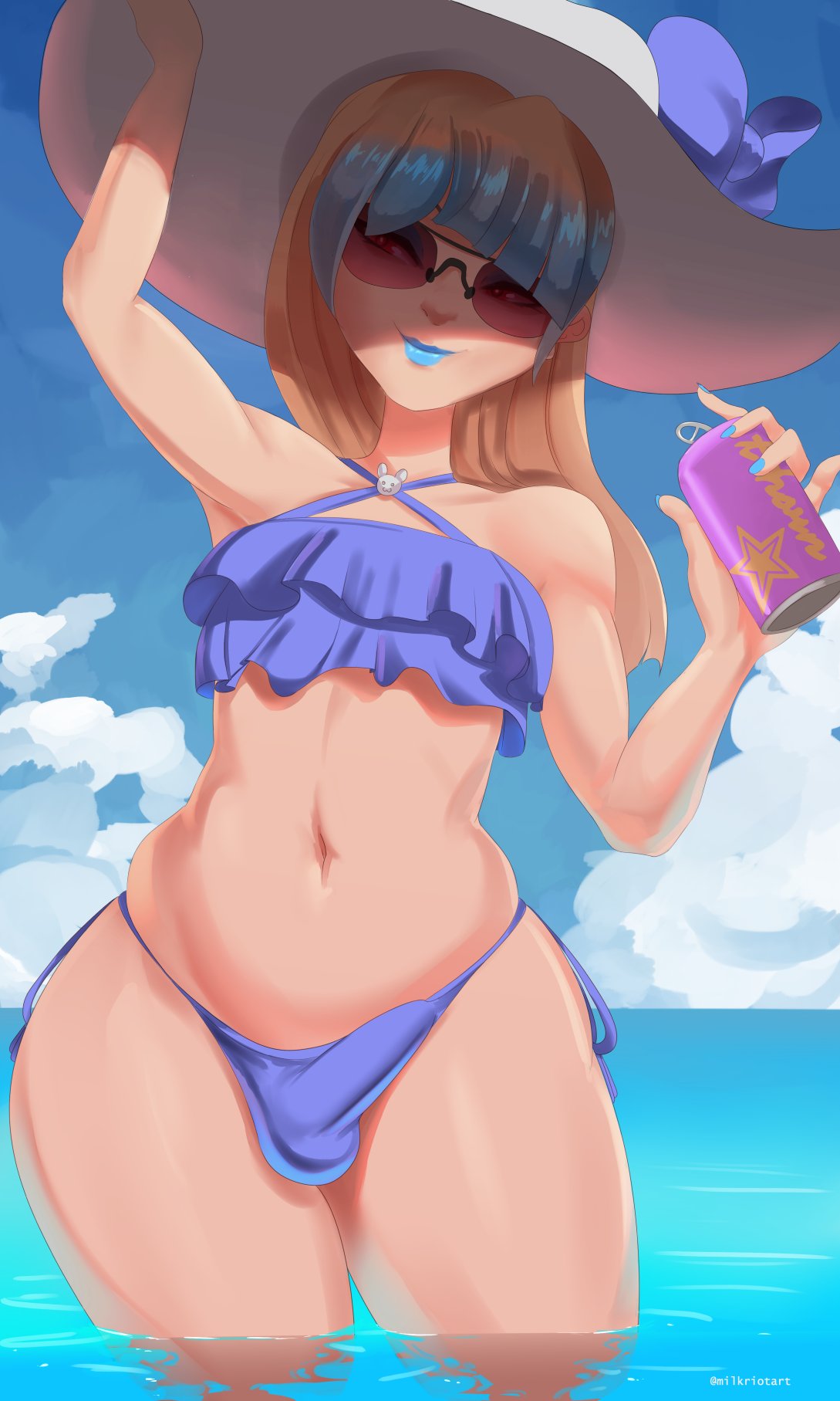 1boy 1femboy beach beach_hat bikini blonde_hair blue_lipstick bulge cream_(milkriot) erection_under_clothes femboy femboy_only glasses hat highlights lipstick male male_only milkriot ocean original original_character partially_clothed penis_in_panties penis_under_clothes red-tinted_eyewear red_eyes solo sunglasses thick_thighs tinted_eyewear trap wide-brimmed_hat wide_brim_hat wide_hips