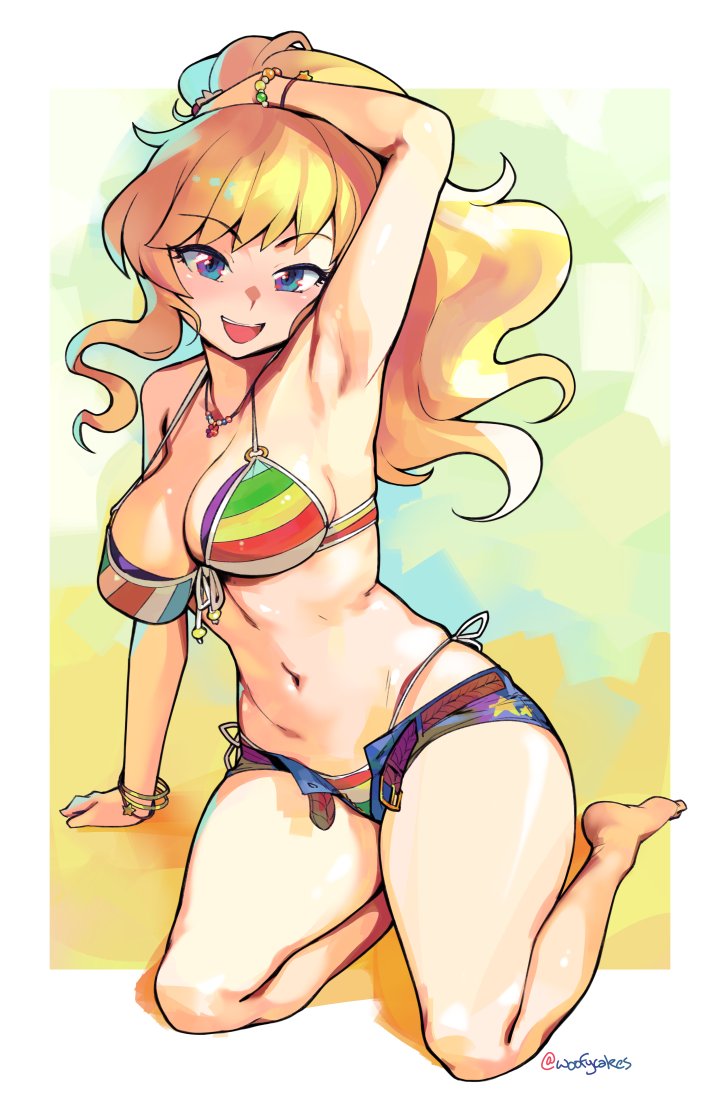 1girls arm_up armpits bangle bangles beach_shorts bikini breasts clothed female female_only idolmaster large_breasts looking_at_viewer midriff navel ootsuki_yui open_mouth rainbow_bikini short_shorts shorts solo solo_female woofycakes